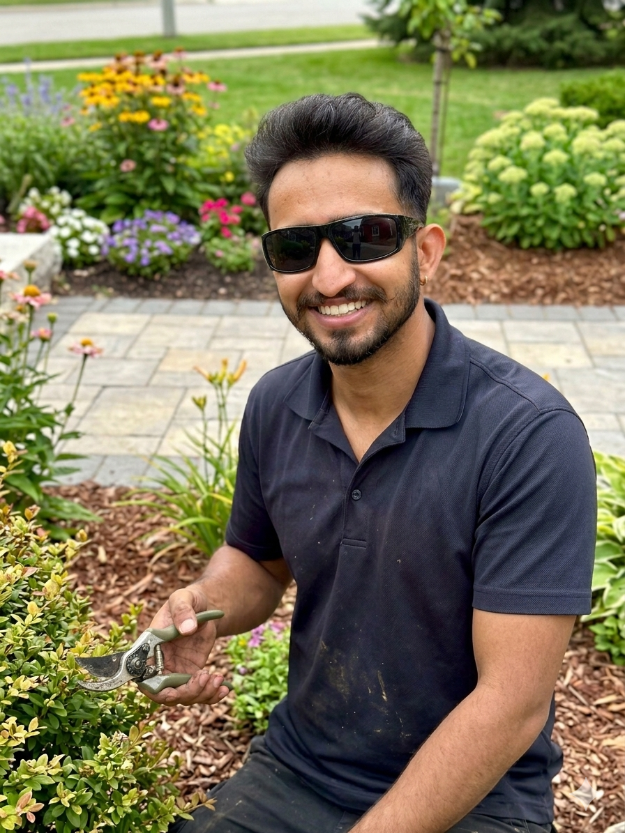 A man smiling, wearing sunglasses and a black polo shirt, gardening with pruning shears in a colorful garden.