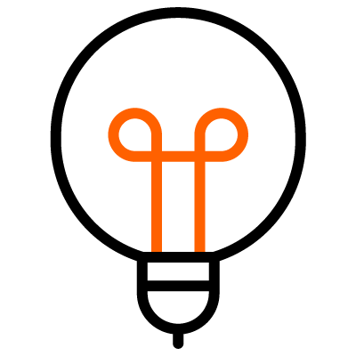 An orange line drawing of a pair of scissors with handles at the top and blades at the bottom, on a black background.