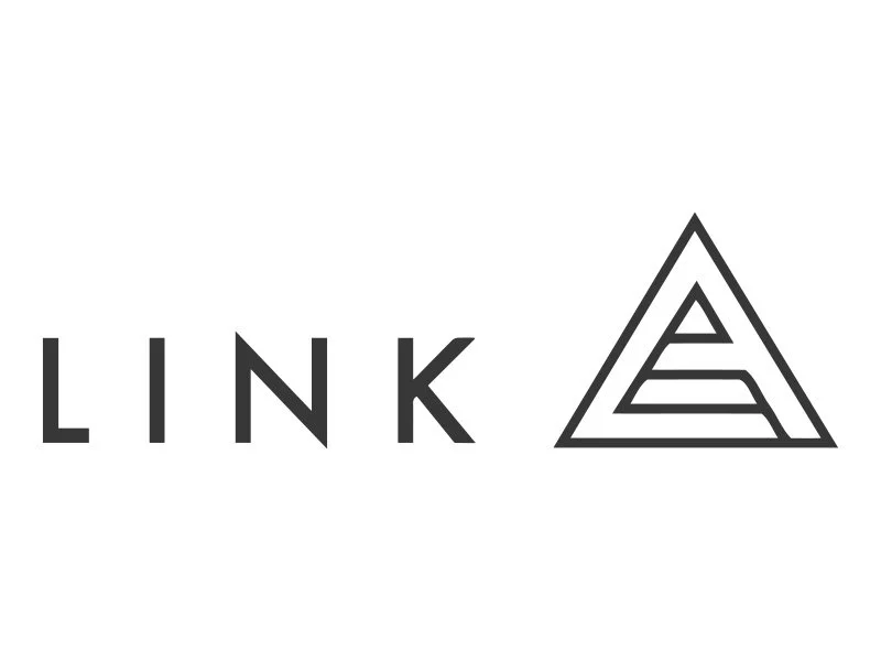 The word "LINK" written in black capital letters next to a triangle logo with layered lines inside.