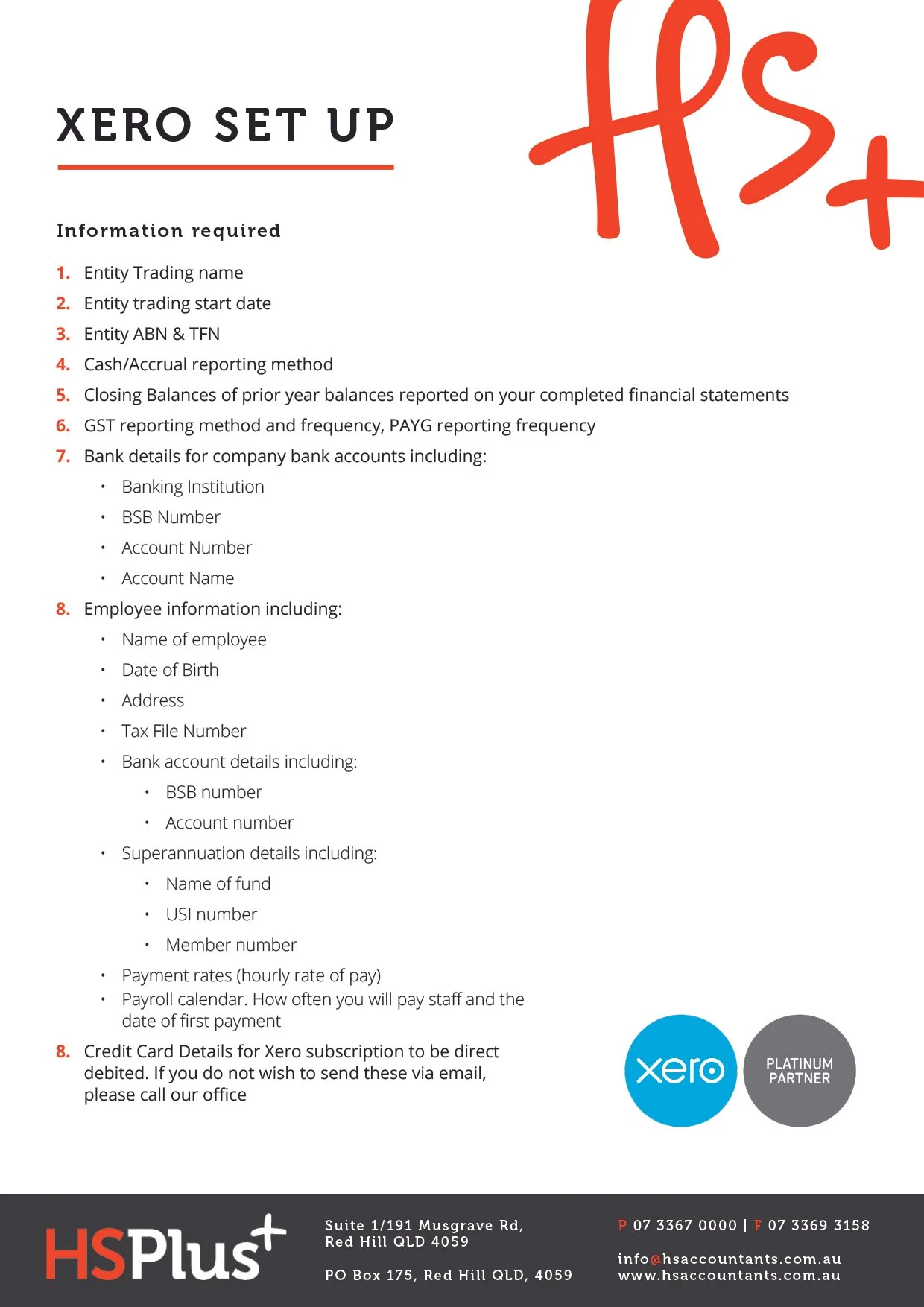 Information form for Xero setup, listing required details such as entity name, trading date, ABN, bank details, employee info, and credit card info, with logos of Xero and HSPlus at the bottom.