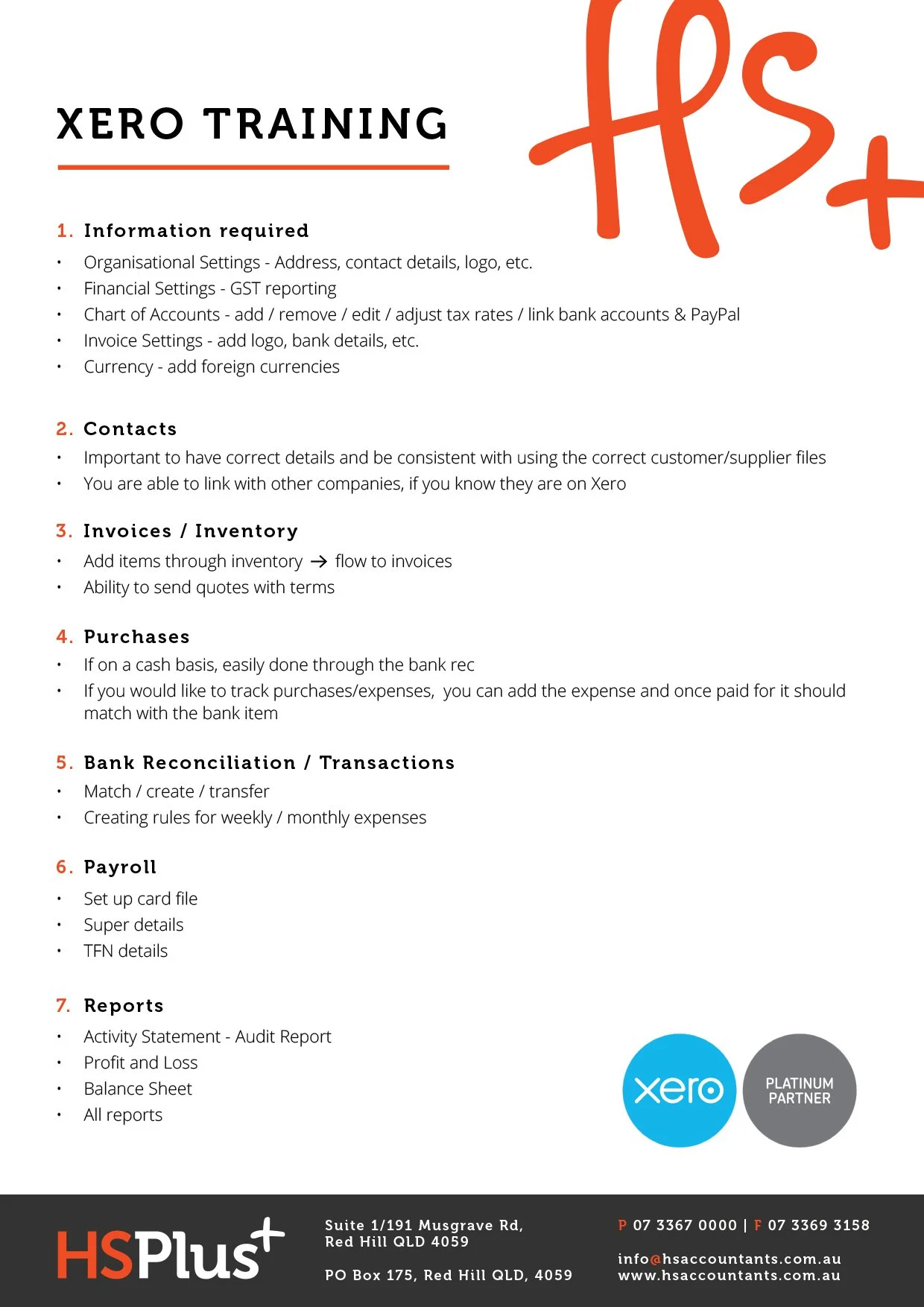 Xero training document with a list of requirements and features, including organizational settings, contacts, invoices, purchases, bank reconciliation, payroll, and reports, with company branding and contact information at the bottom.