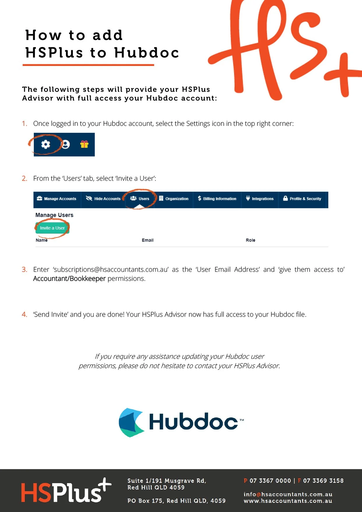 Instruction guide on how to add HSPplus to Hubdoc, including steps with screenshots of Hubdoc interface and the Hubdoc logo at the bottom.