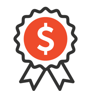 Red ribbon icon  with white dollar sign in the center, symbolizing monetary reward or prize.