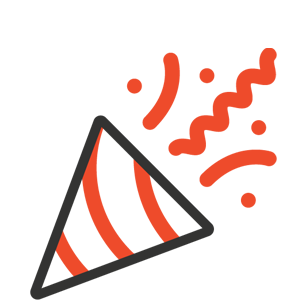 A party hat icon with confetti and streamers coming out of it.