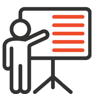 An icon of a person pointing at a presentation board with red lines on it