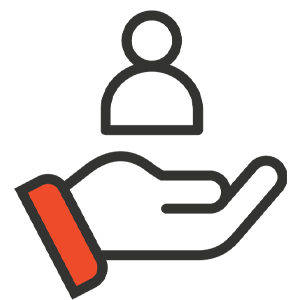 An icon of a gray hand with a red sleeve holding a floating gray user icon with a circle and a curved line representing a person.