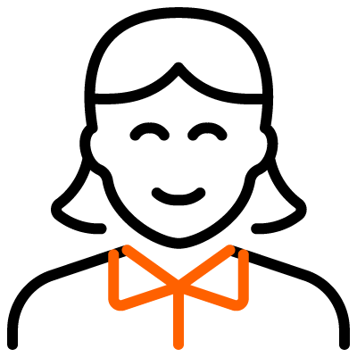 An illustration of a person with a raised arm in front of a mountain landscape with trees, with a black background and orange outline design.
