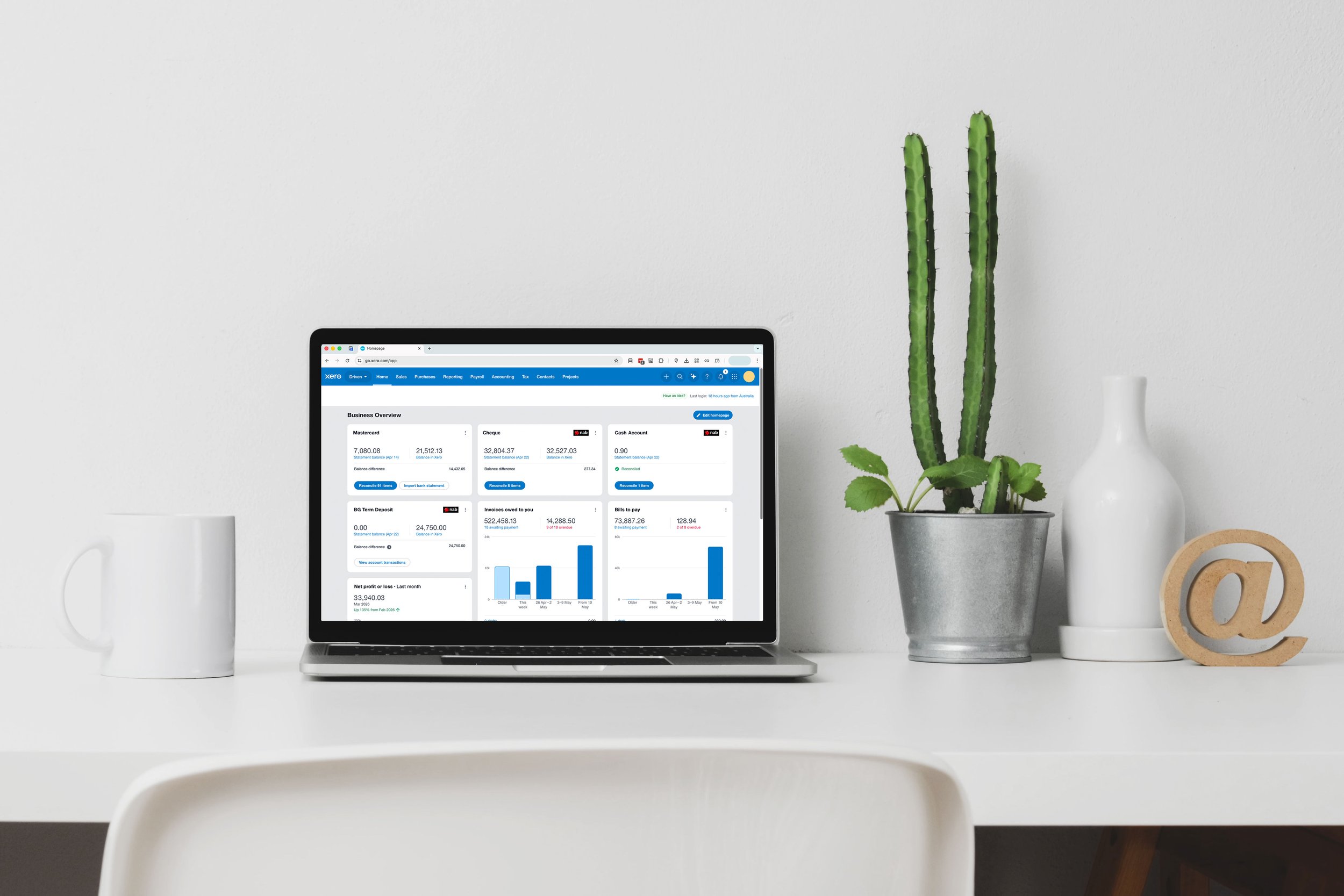 A workspace with an open laptop displaying financial or business data, flanked by a white mug on the left and a potted cactus plant on the right, on a white desk against a plain white wall.