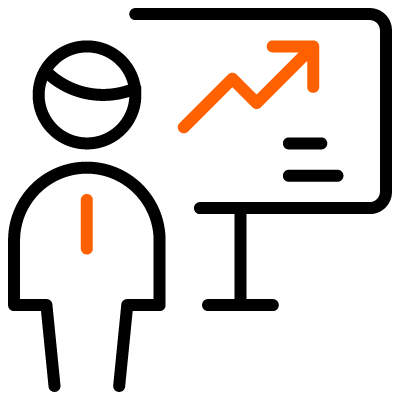An icon with a upward trending orange arrow on a black background with a rising line graph, indicating growth or increase.