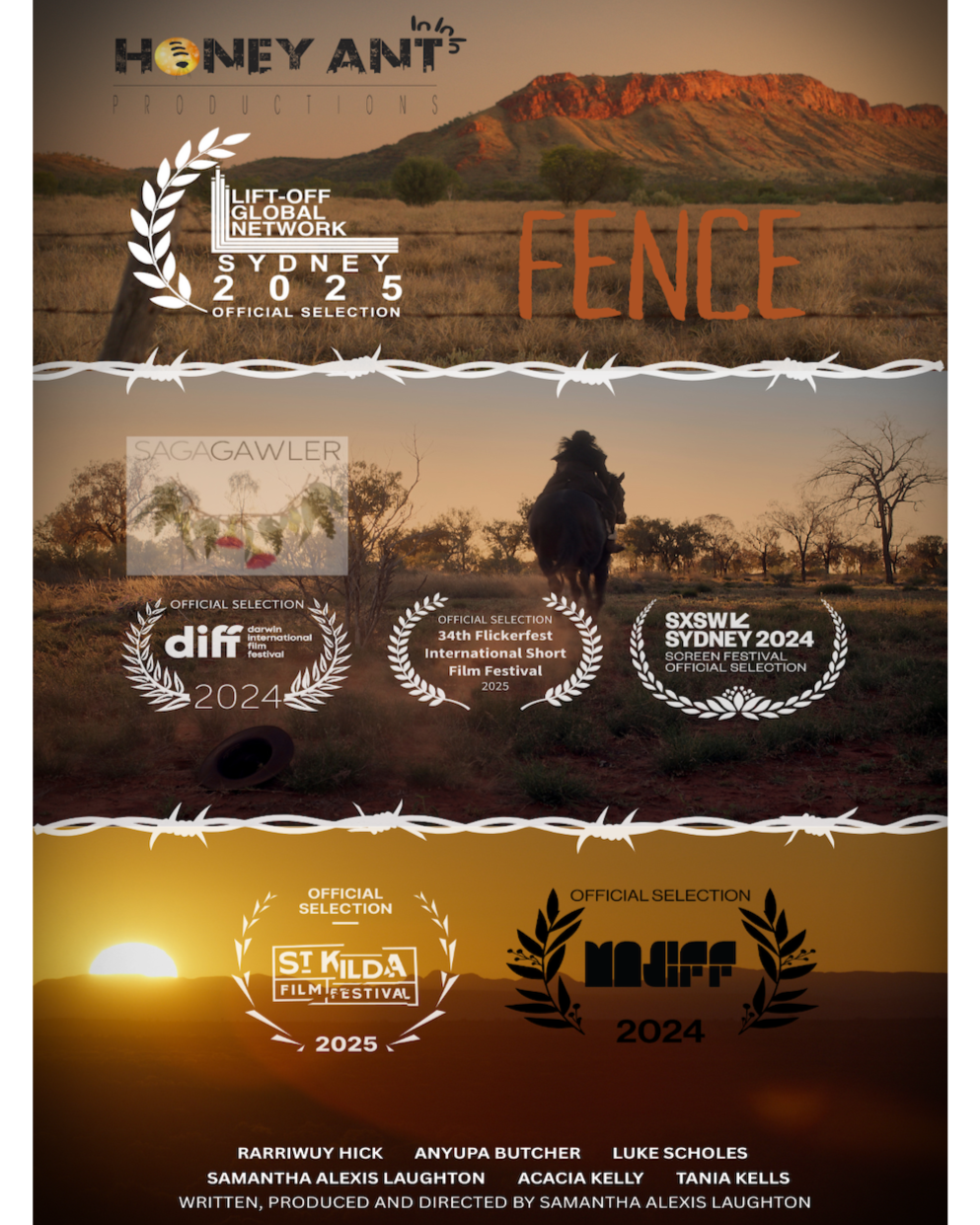 Promotional poster for the film 'Fence' by Honey Ant Productions, showcasing landscape imagery with mountains and a sunset, barbed wire graphic, and multiple film festival laurels including SXSW Sydney 2024, St. Kilda Festival 2025, and others. ast and crew, including names like Rarriwuy Hick and Samantha Alexis Laughton.