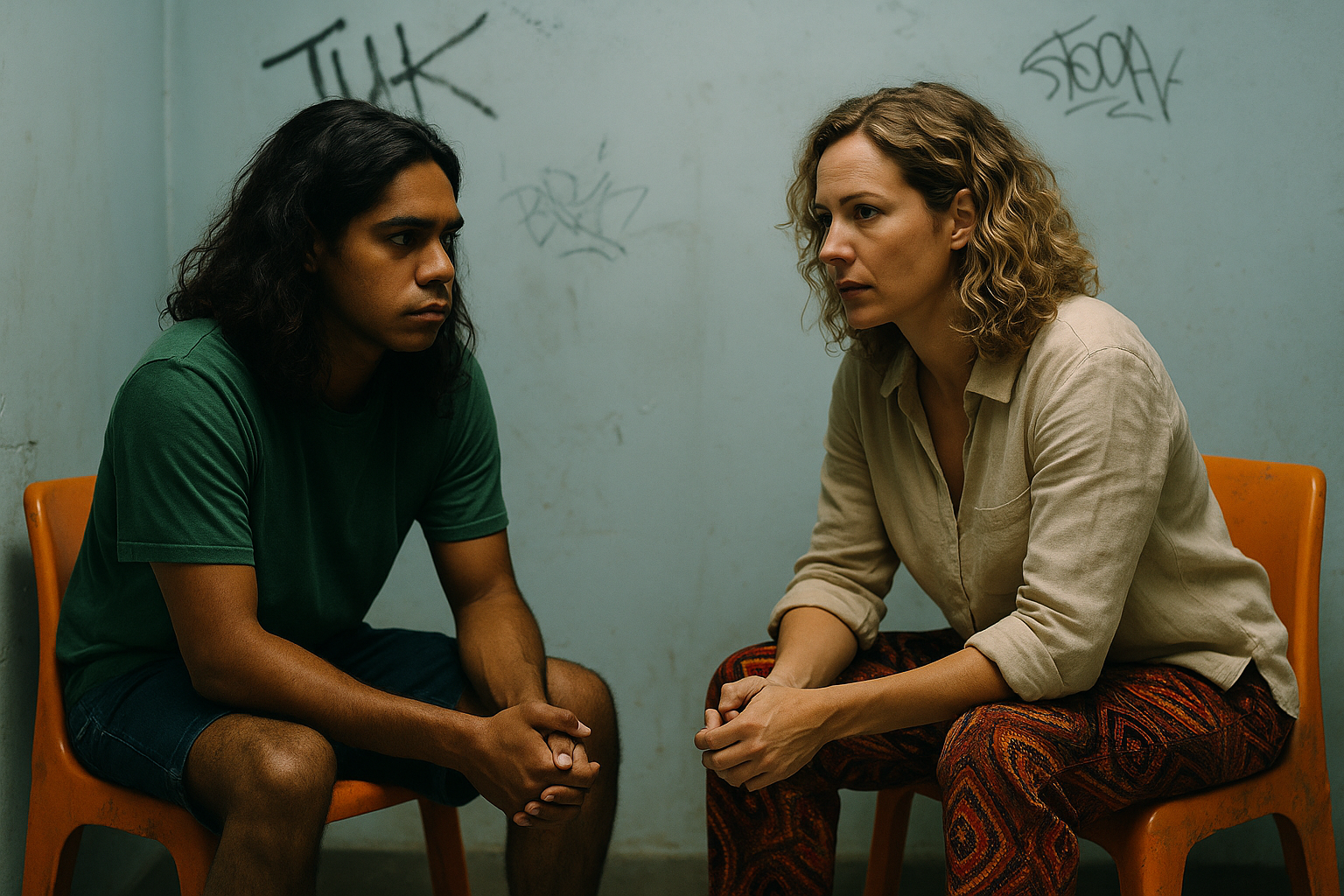 A young man with long black hair wearing a green shirt and shorts sitting on an orange chair with his hands clasped, talking to an older woman with curly blonde hair in a beige shirt and patterned pants, sitting on a similar orange chair, in a room with graffiti on the wall behind them.