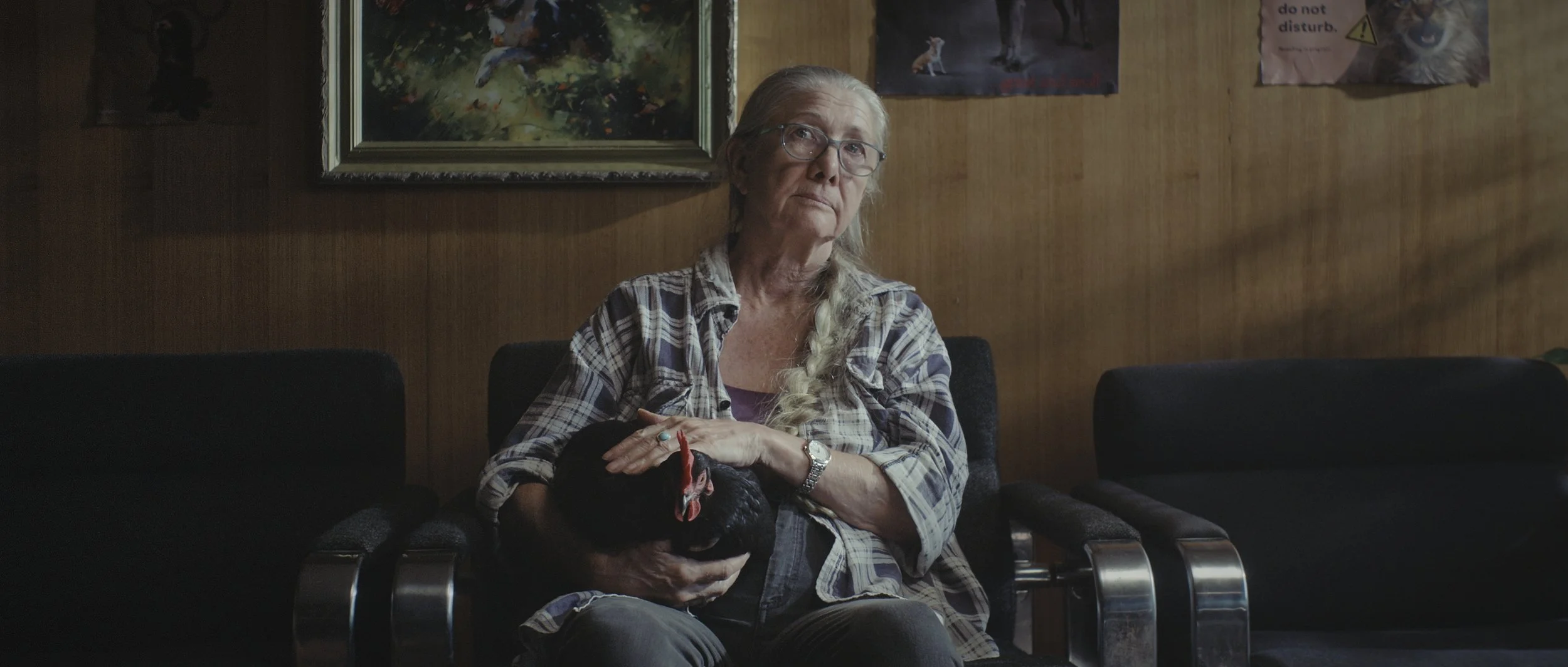 An elderly woman with glasses and a plaid shirt sitting on a black chair, holding a black chicken with a red comb. Still from the short film 'Bear', by Rebecca Parker.