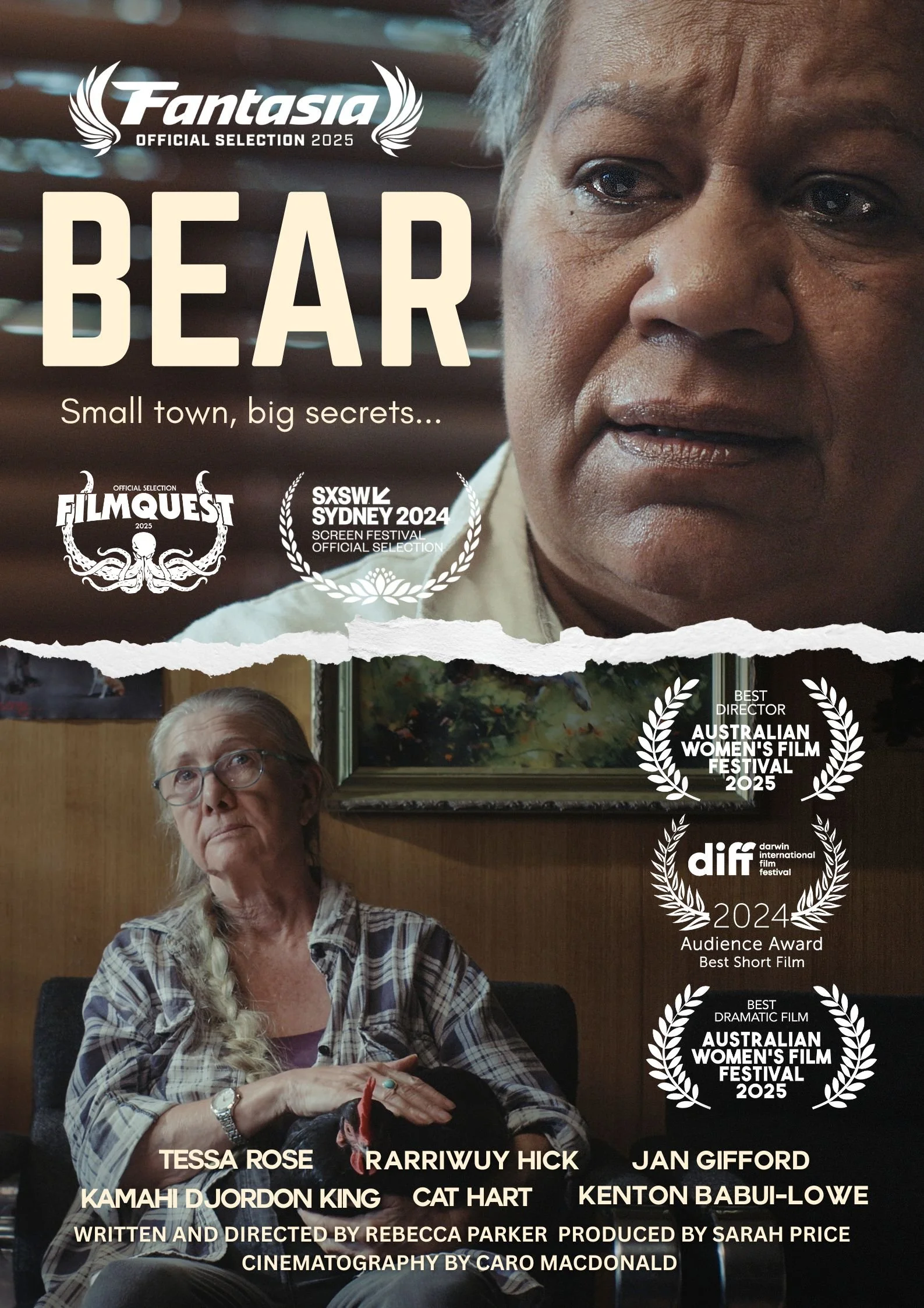 Poster for the film 'BEAR' featuring a close-up of an older Indigenous woman's face, the actor Tessa Rose. It highlights awards and nominations from film festivals such as Fantasia Film Festival, Stiges, Cannes, Berlinale.