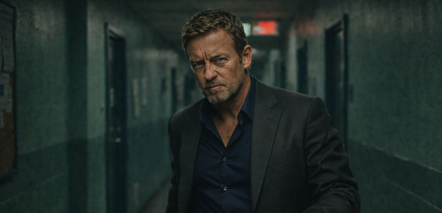 A middle-aged man with short brown hair and a beard, wearing a dark blazer and shirt, standing in a dimly lit hallway with greenish walls and several doors, looking intensely at the camera.