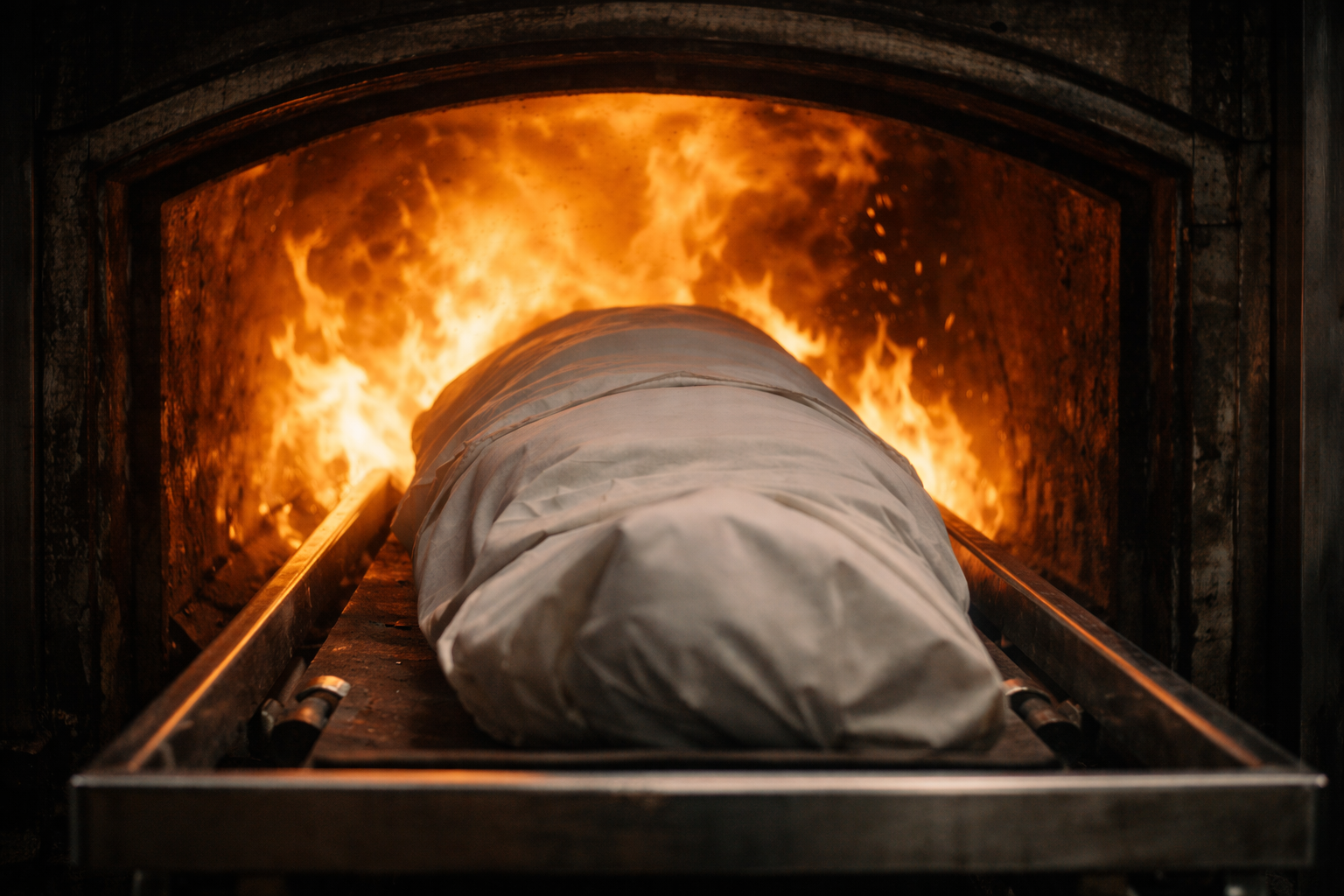 A coffin being incinerated in a crematorium oven with flames inside. From the film Furance.