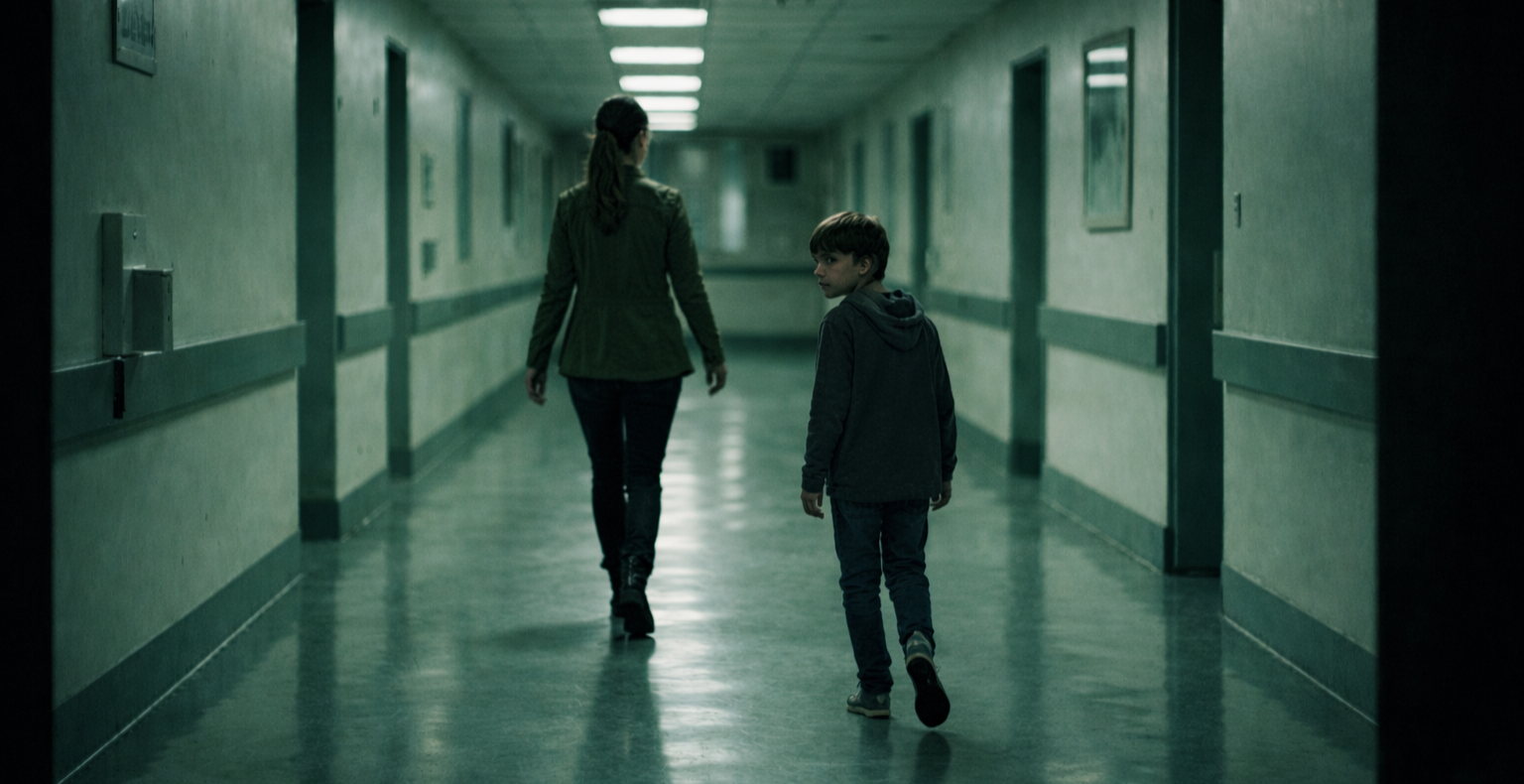 A woman and a boy walking down a dimly lit hospital hallway, the boy glancing back over his shoulder.