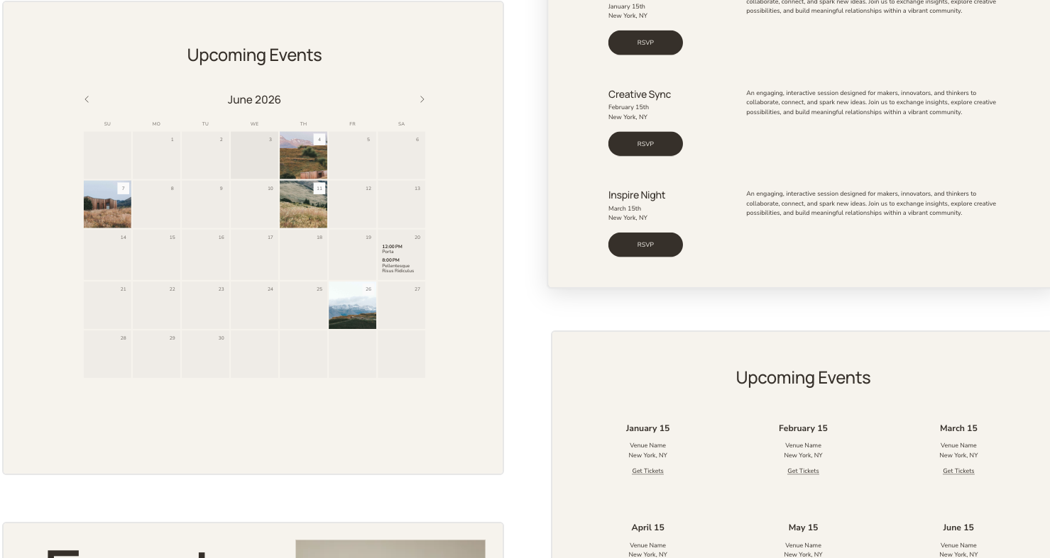Digital calendar for June 2026 showing scheduled events on June 4, 11, 18, 20, and 26, with images of landscapes. Adjacent to the calendar, there are event listings with RSVP buttons, including events titled 'Creative Sync,' 'Inspire Night,' and other upcoming events with dates and locations listed as New York, NY.