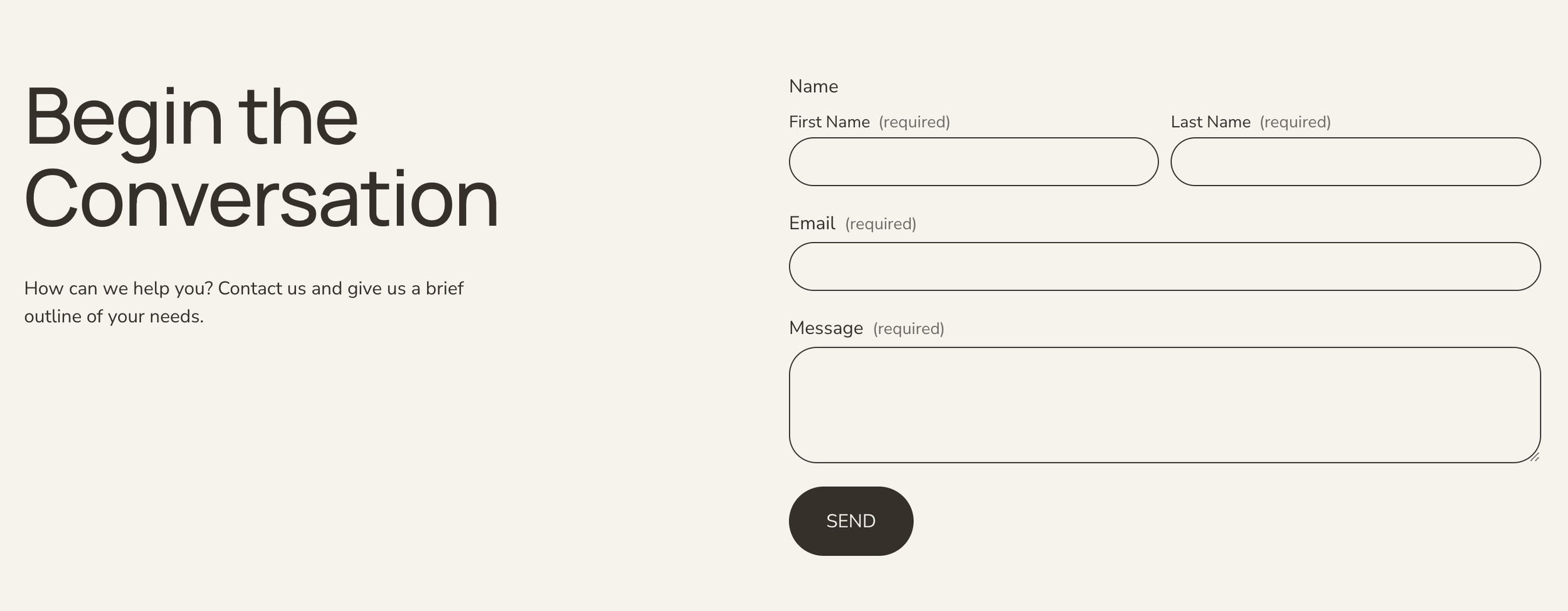 A contact form titled 'Begin the Conversation' with fields for name, email, and message, and a black 'Send' button on a beige background.