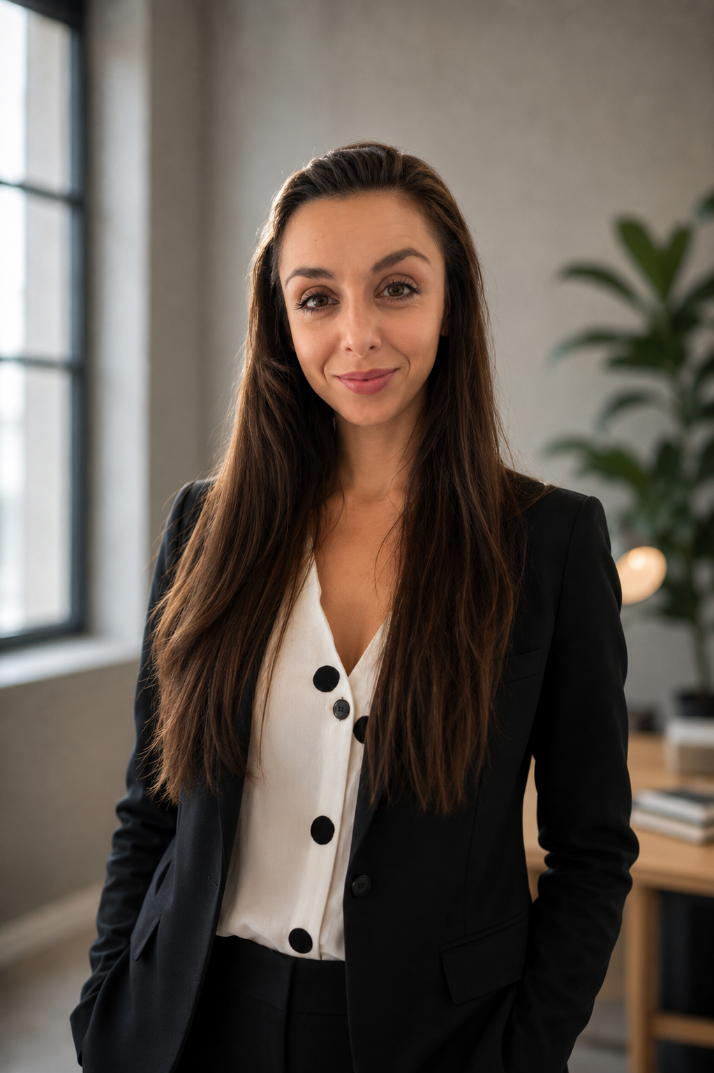 Portrait of a woman with long brown hair wearing a black blazer and a white blouse with black buttons, standing indoors with a large window and a plant in the background.