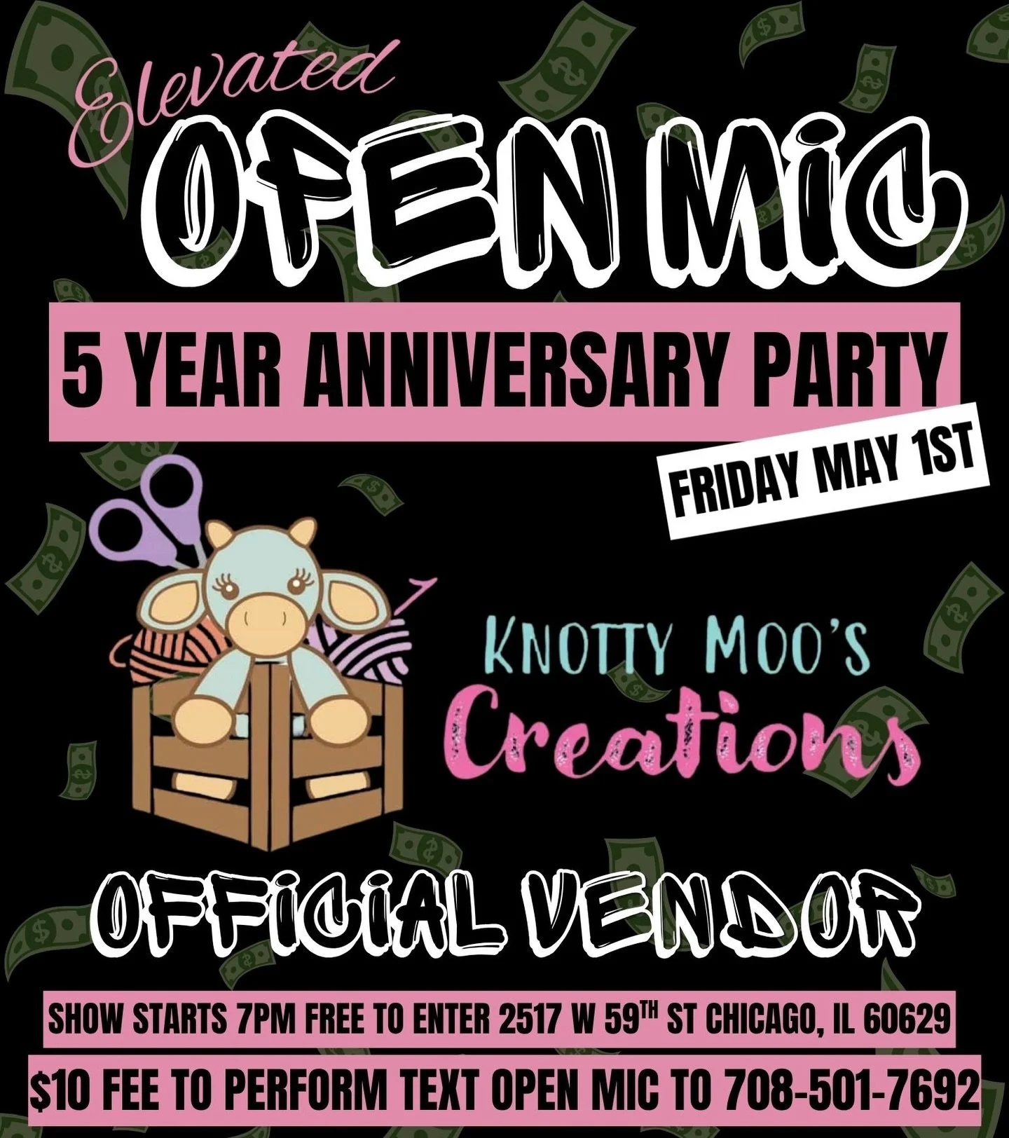Announcing the official line up for our upcoming 5 year anniversary party!!

First up we have @knottymooscreations 

Come check out all of their cute designs and items! You will be able to shop while listening to some amazing performances!!

Remember