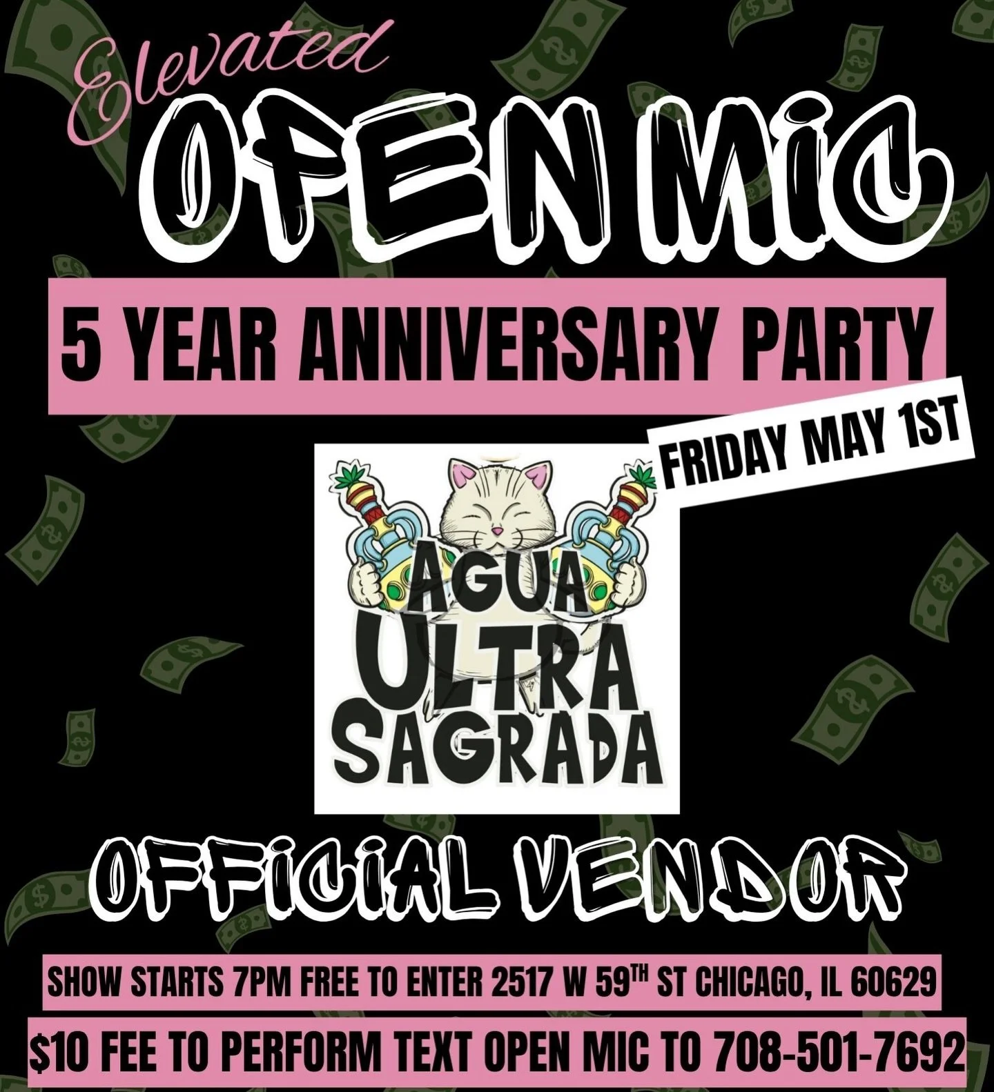 Announcing the official line up for our upcoming 5 year anniversary party!!

We got something special for you @backuppage_aguaultrasagrada 

Don&rsquo;t forget to bring your cash and shop with the vendors!

Remember that all Open Mics are 100% free t