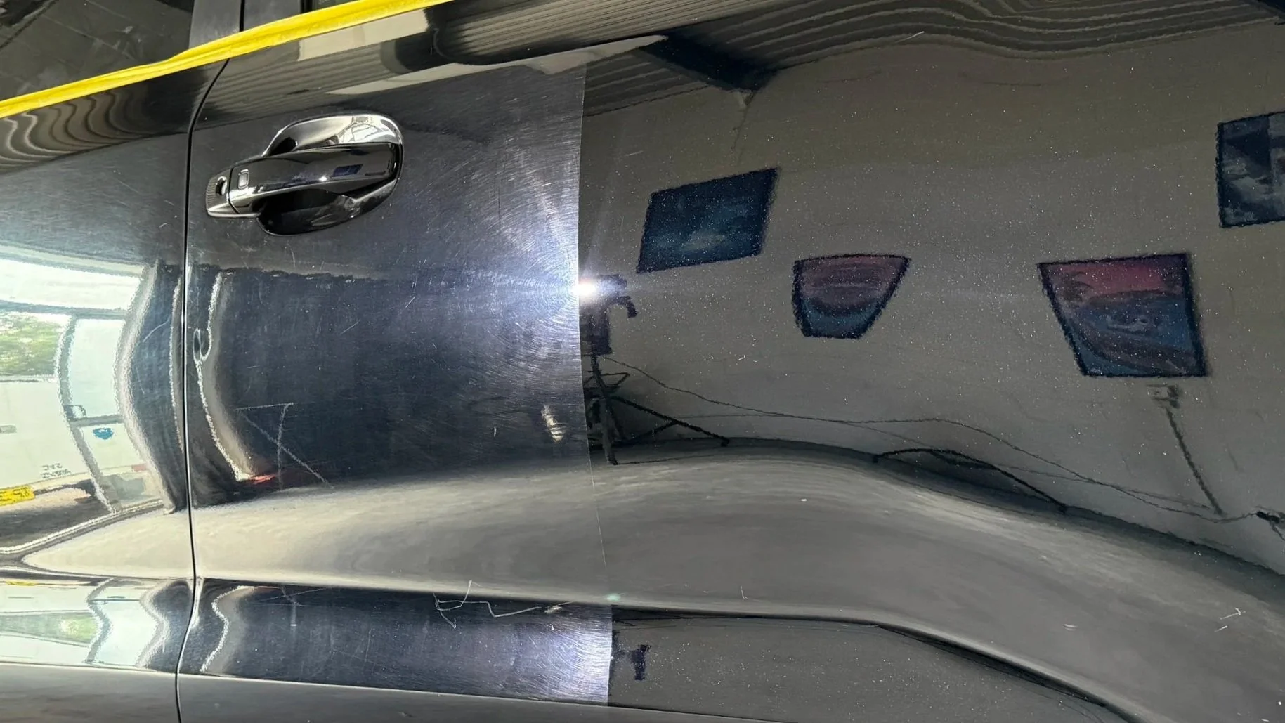 A side-by-side comparison during polishing shows the difference between the heavily swirled paint and the clearer, glossier corrected section.