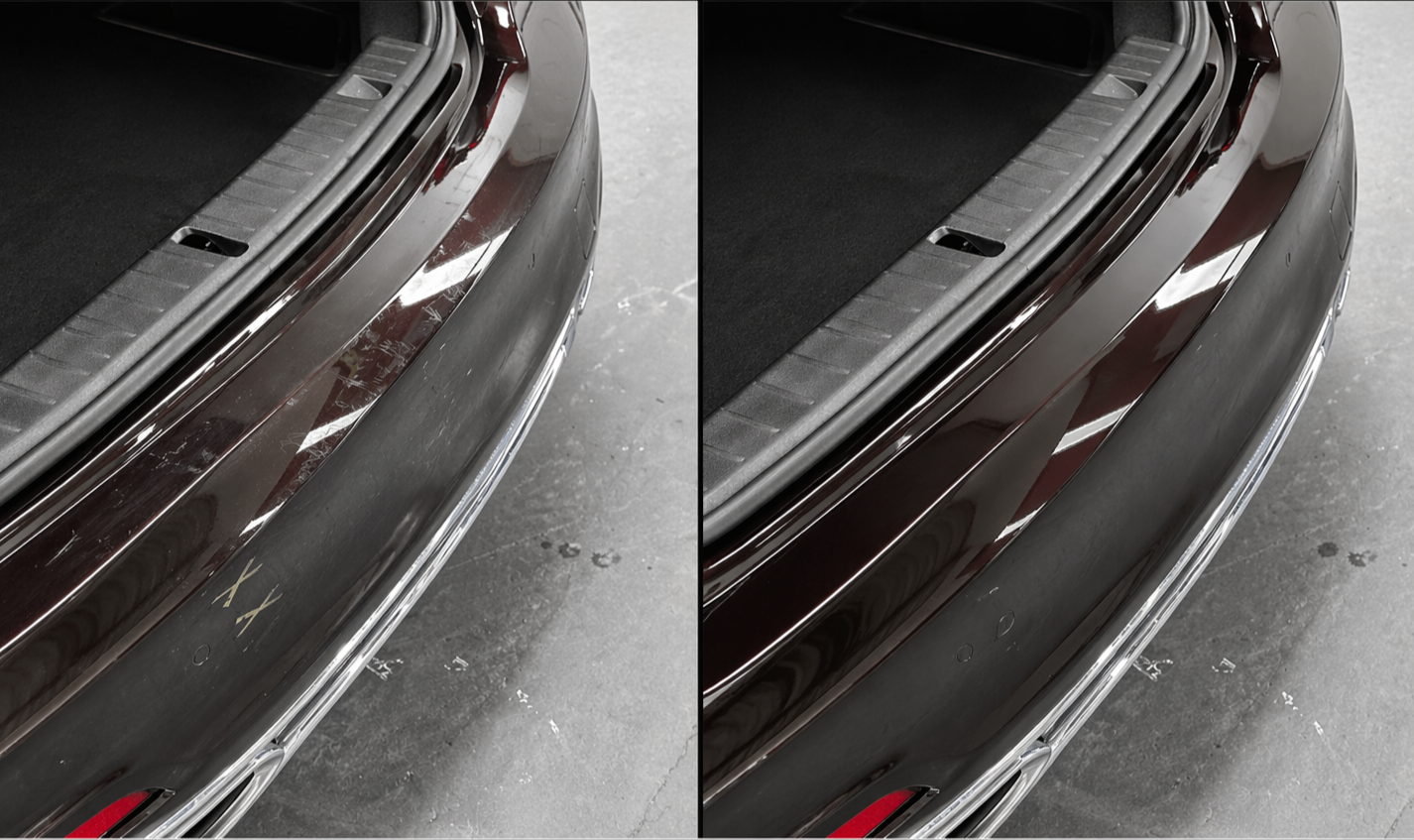 Paint correction before and after – rear bumper scratch removal on BMW 7 Series, restoring gloss and clarity