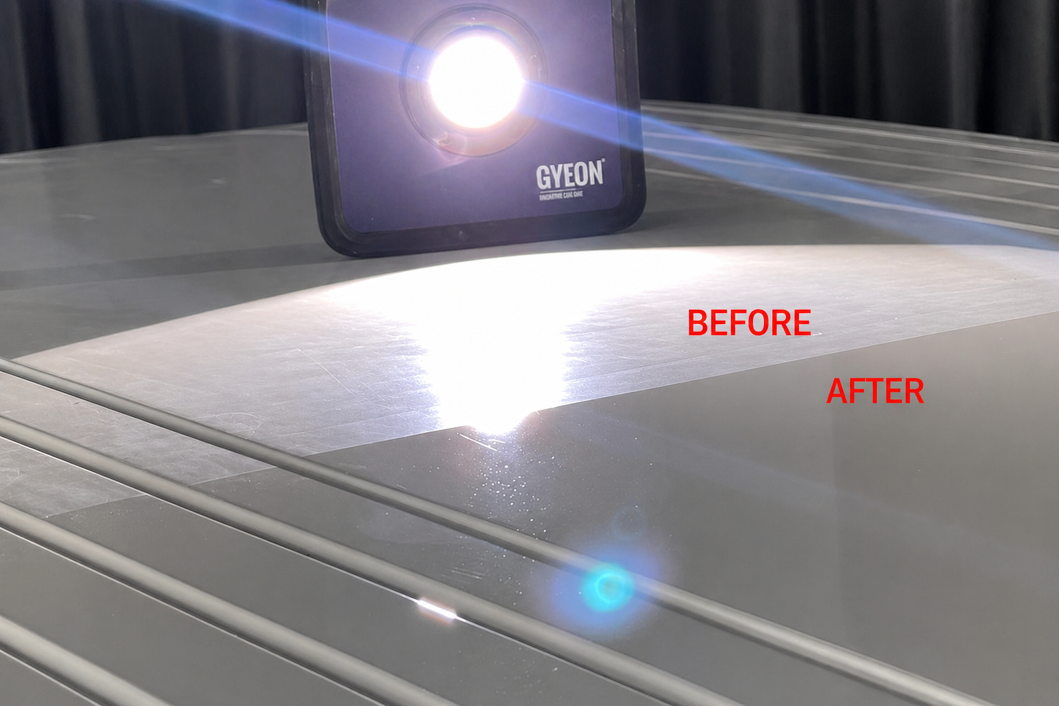 “Paint correction before and after under inspection light showing restored gloss on vehicle paint.