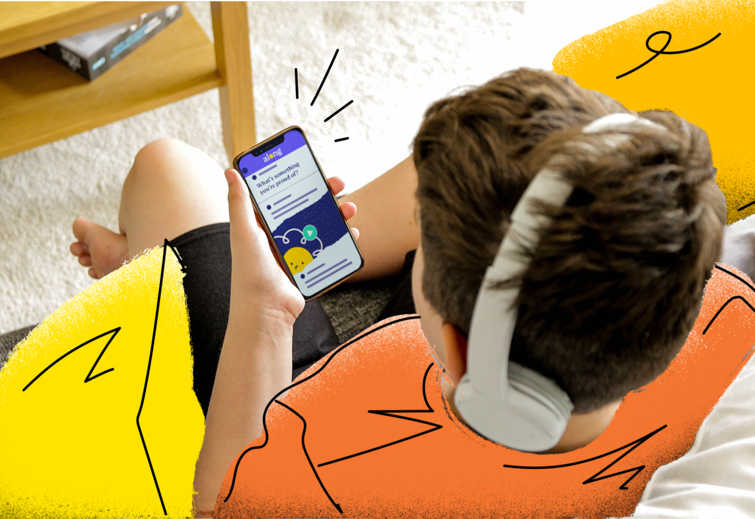 Person sitting on a couch holding a smartphone with a colorful app open on the screen, wearing headphones, with abstract yellow and orange shapes and black line drawings overlayed on the photo.