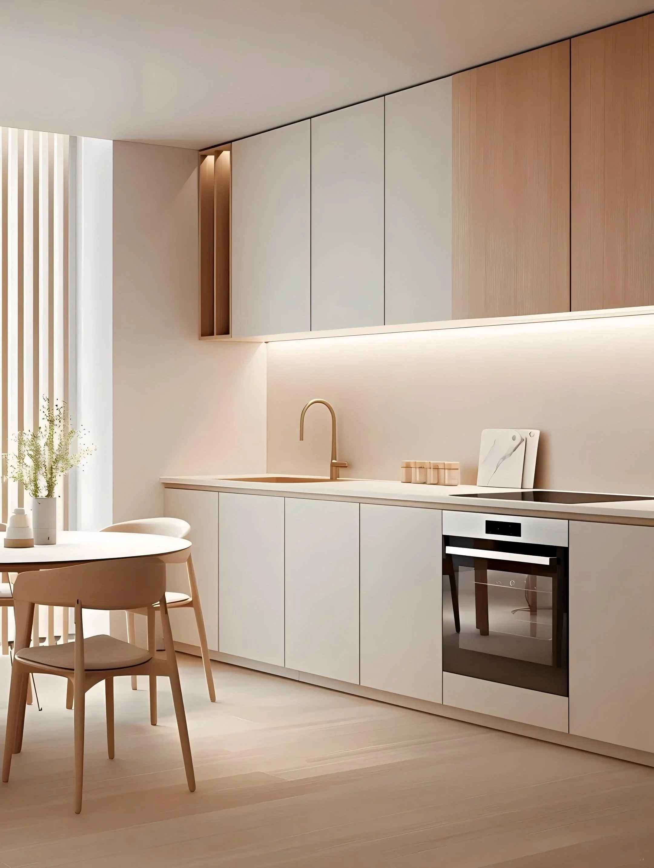Minimalist kitchen with light wood and white cabinetry, a built-in oven, a gold faucet, and a small dining area with a round table and chairs.