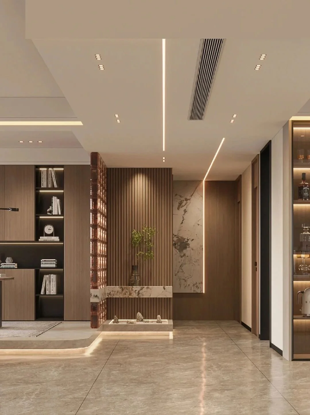 Modern interior with wooden and marble accents, built-in lighting, and decorative elements.