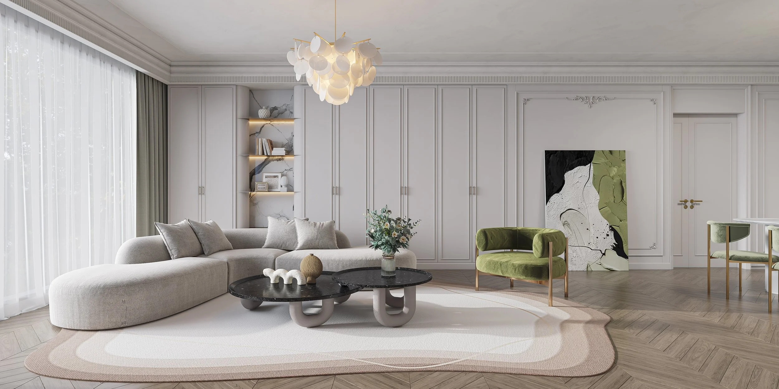 Modern living room with a large, curved beige sofa, a black coffee table, a green armchair, and abstract artwork, with natural light coming through sheer curtains.