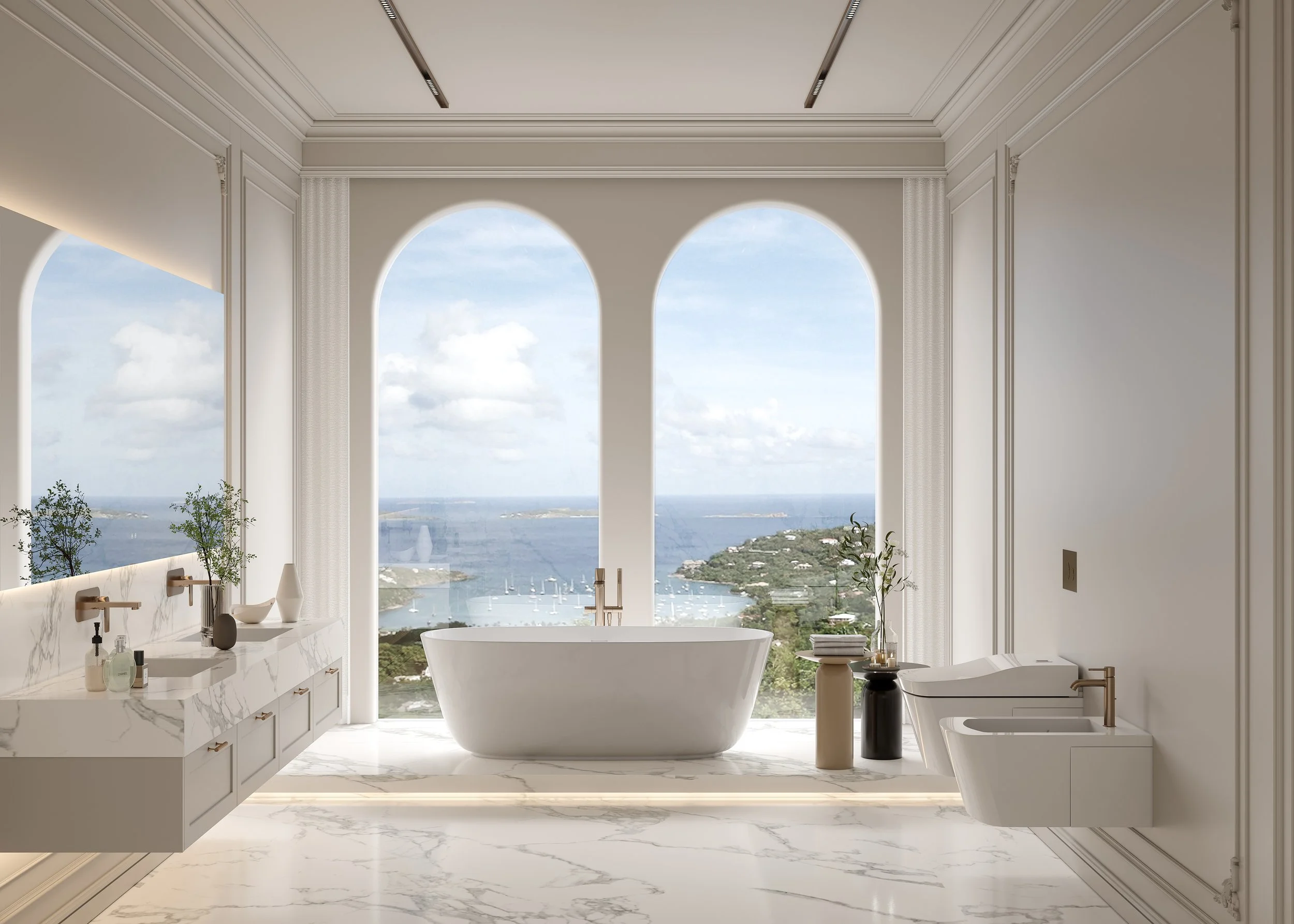 Luxurious bathroom with large arched windows showcasing a scenic view of the ocean and boats, a standalone bathtub, modern fixtures, marble flooring, and elegant decor.