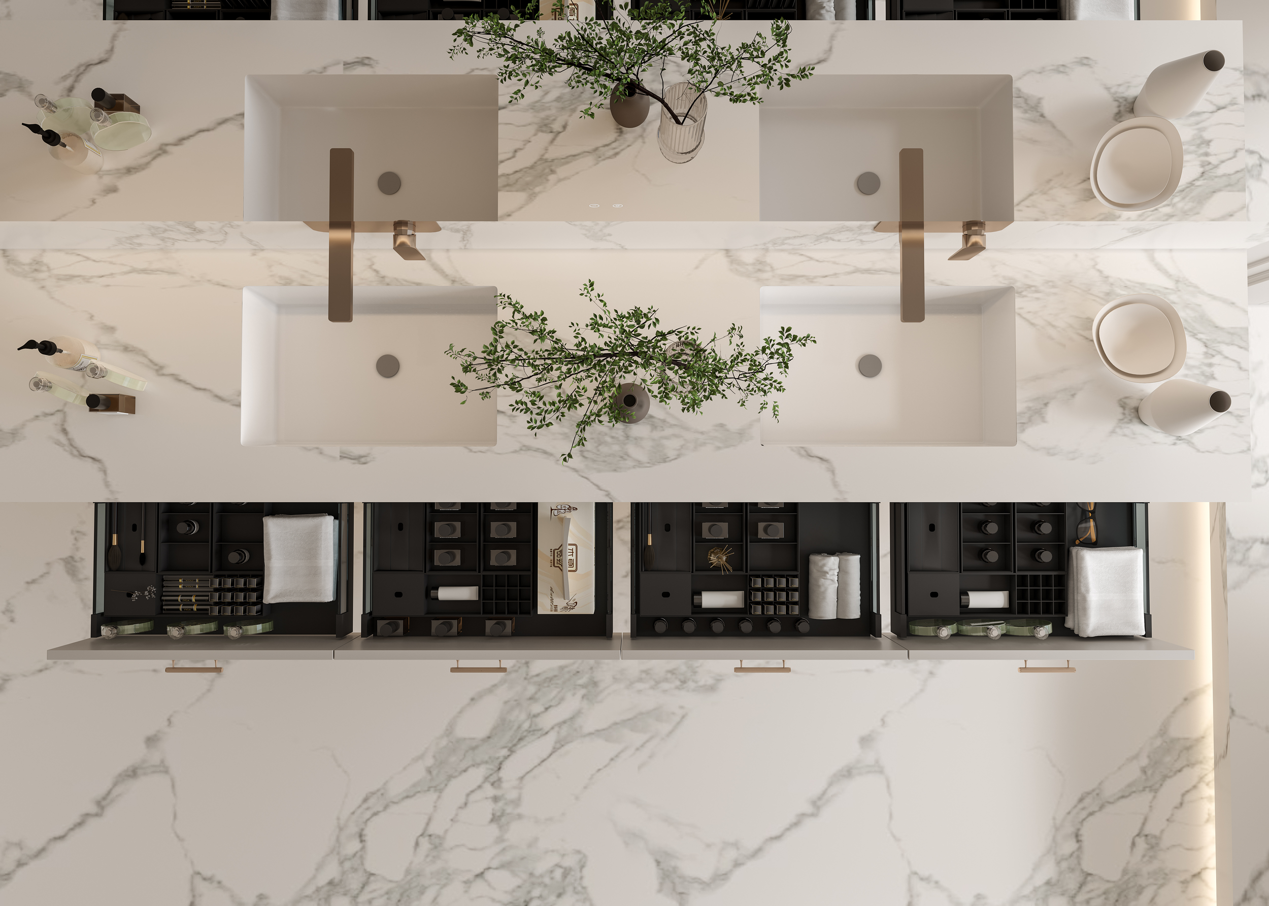 Top-down view of a modern kitchen with a white marble countertop, three sinks with metallic fixtures, two green plants in vases, various bottles, and a black open cabinet with organized kitchen items and linens.