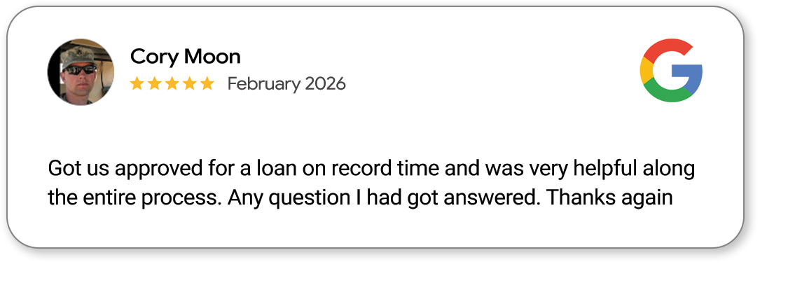Customer review mentioning quick loan approval and helpful service, attributed to Cory Moon in February 2026.
