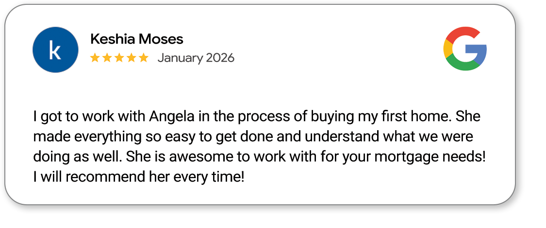 Review for Keshia Moses, January 2026. Five-star rating. The review praises Angela for making the home-buying process easy and understanding, recommending her for mortgage needs.