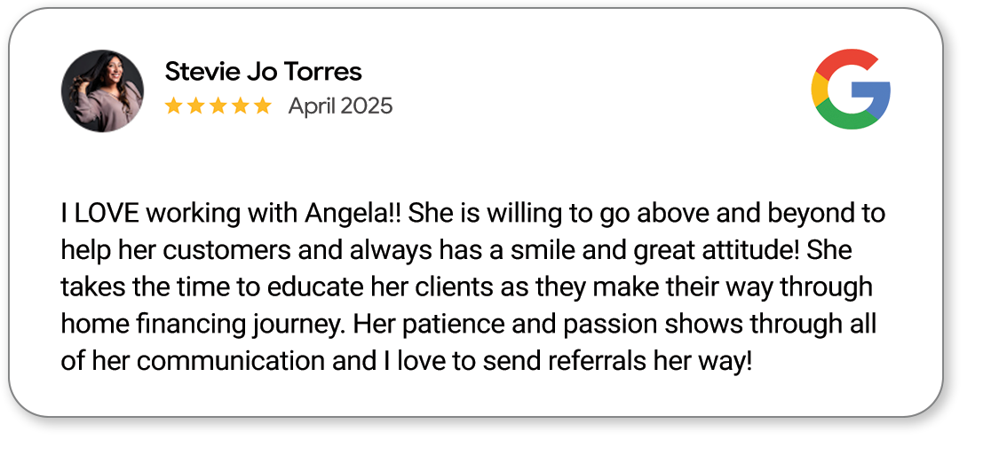 Review with a profile picture of a woman, five stars, Google logo, and text praising Angela's customer service and communication skills.