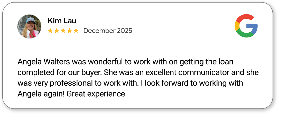 A Google review for Kim Lau from December 2025, rating five stars, describing positive experience working with Angela Walters on a loan process.