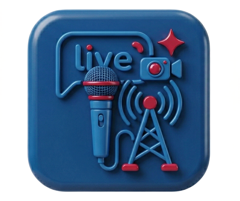 Icono en relieve con un micrófono, una cámara y una torre de transmisión transmitiendo señal, junto con la palabra 'Live' en un cuadro de chat o comentario.