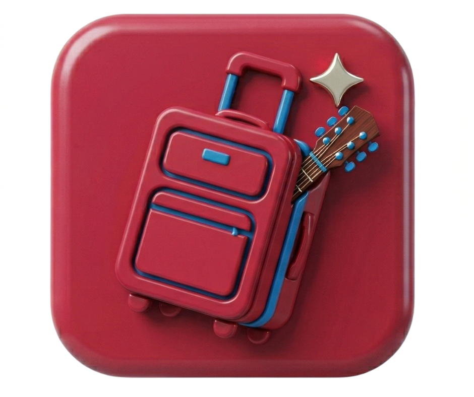 Icono de una maleta de viaje con un instrumento musical y una estrella brillante, en un estilo 3D colorido y moderno.