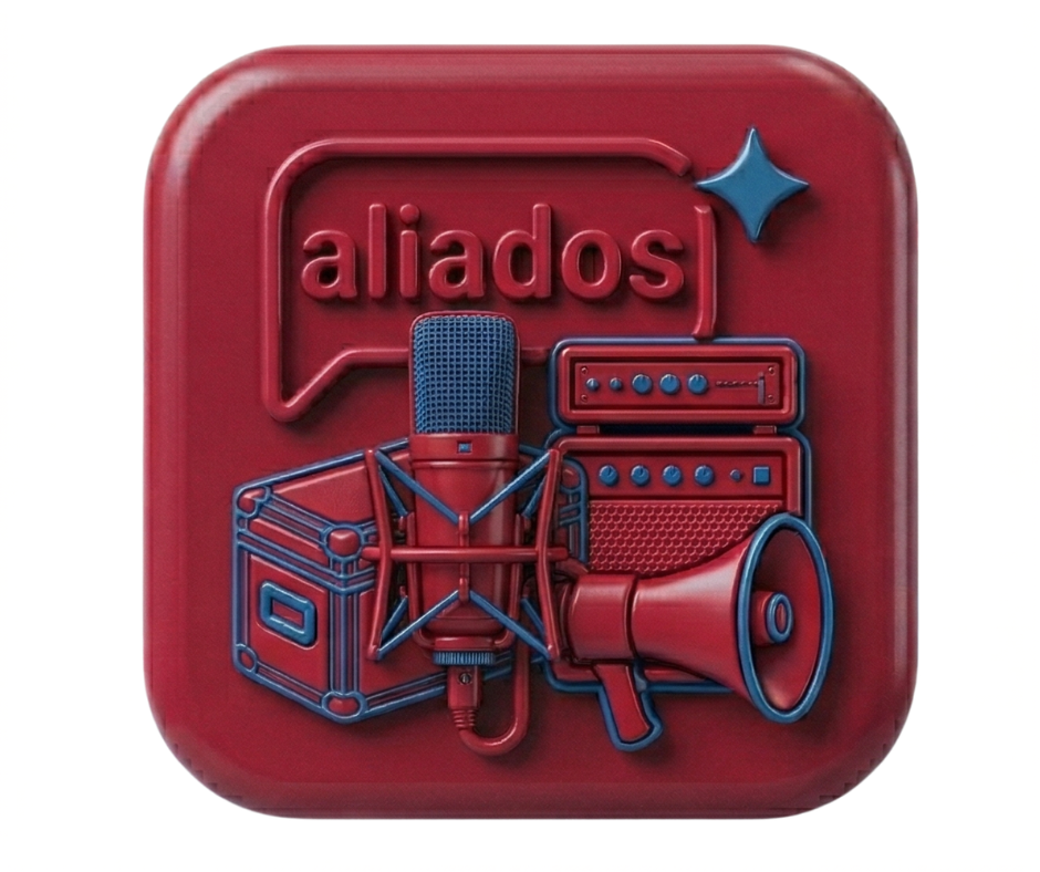 Icono en color rojo con elementos relacionados con el podcast, incluyendo un micrófono, un amplificador, un altavoz, una caja y un globo de diálogo con la palabra 'aliados' en letras prominentes.