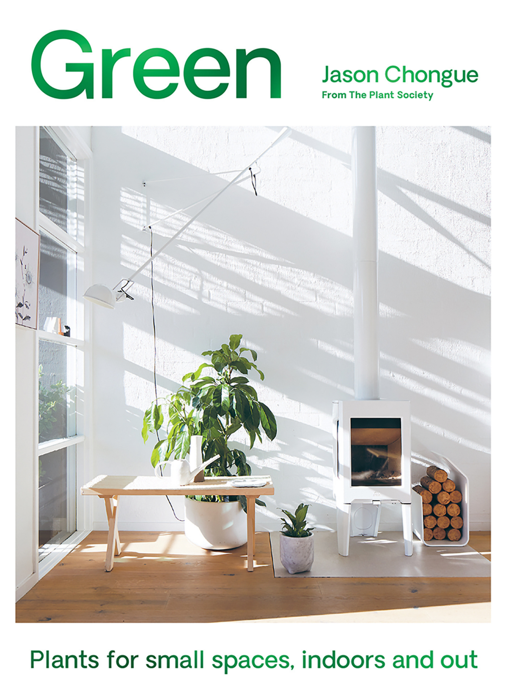 Interior space with a wooden floor, white walls, sunlight streaming through windows, and a collection of indoor plants including a large potted plant on a wooden table and several smaller plants. There is a white container with log storage and a small TV or device on a stand.