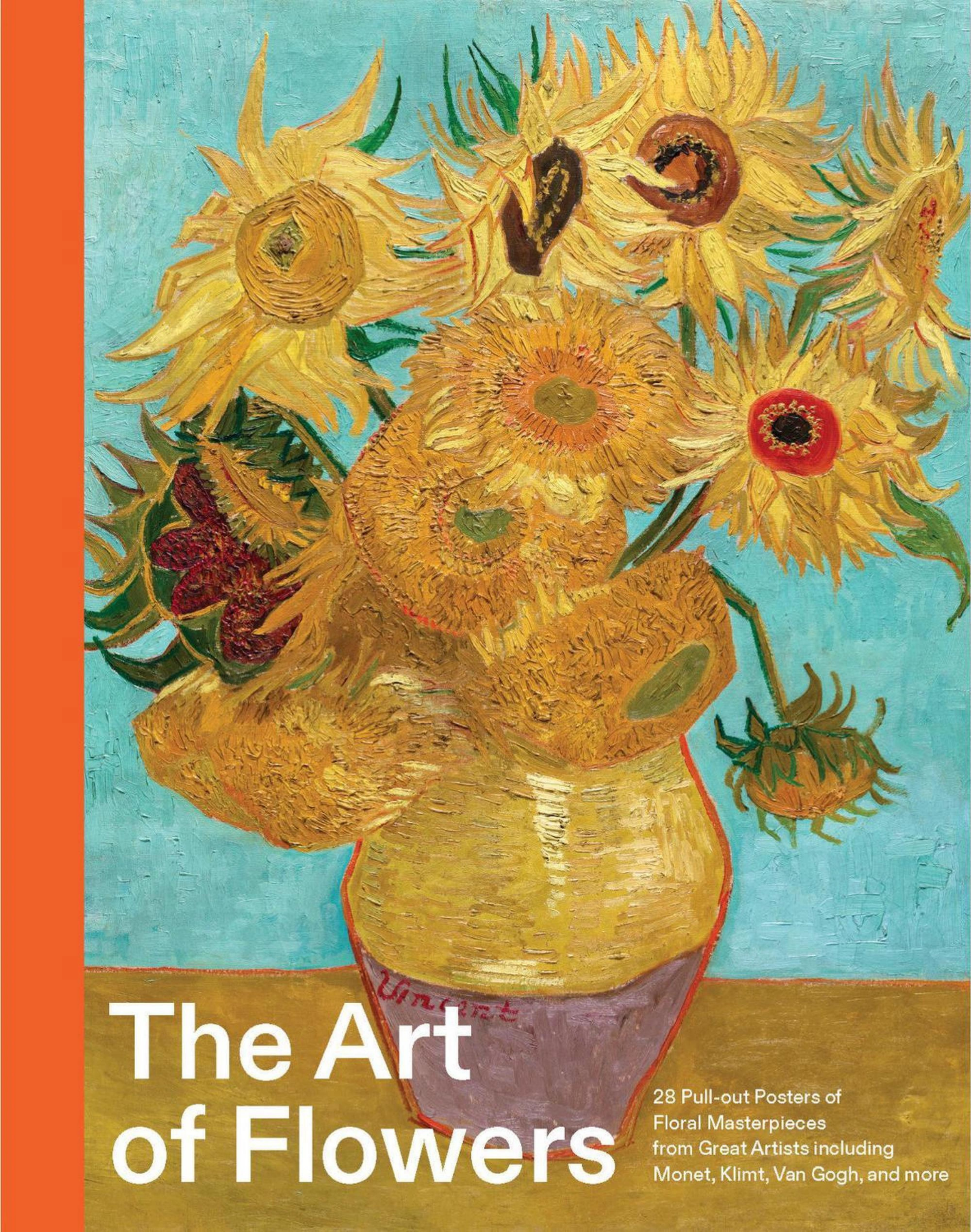 Book cover for The Arts of Flowers featuring a Vincent van Gogh painting of sunflowers in a vase, with bold brushstrokes and vibrant colours, set against a turquoise background.