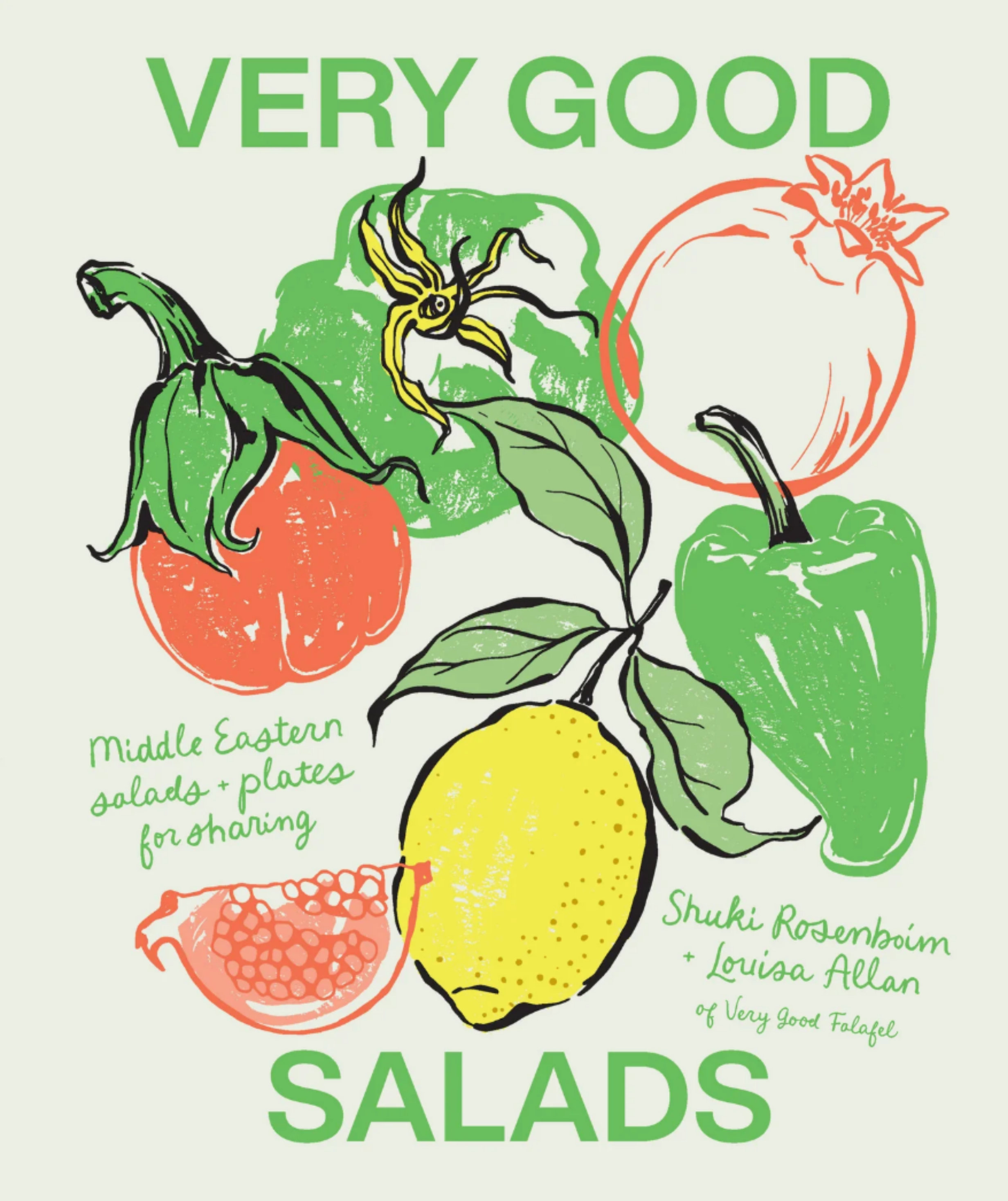 Book cover for Very Good Salads, featuring colourful, stylised drawings of various vegetables and fruits such as tomatoes, bell peppers, an orange, and a lemon.