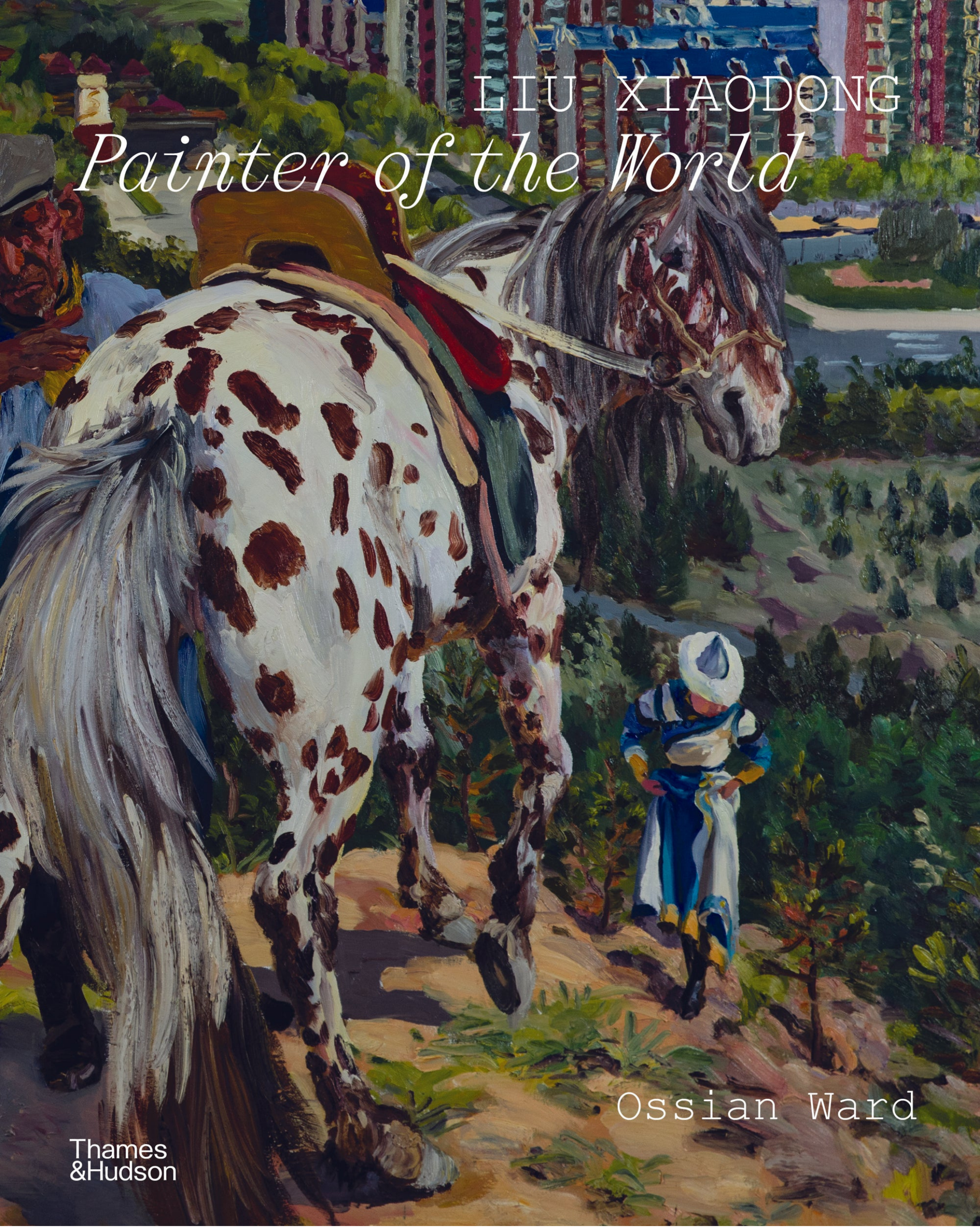 Painting of a horse with a lady in a blue dress and hat standing nearby, with city buildings and greenery in the background.