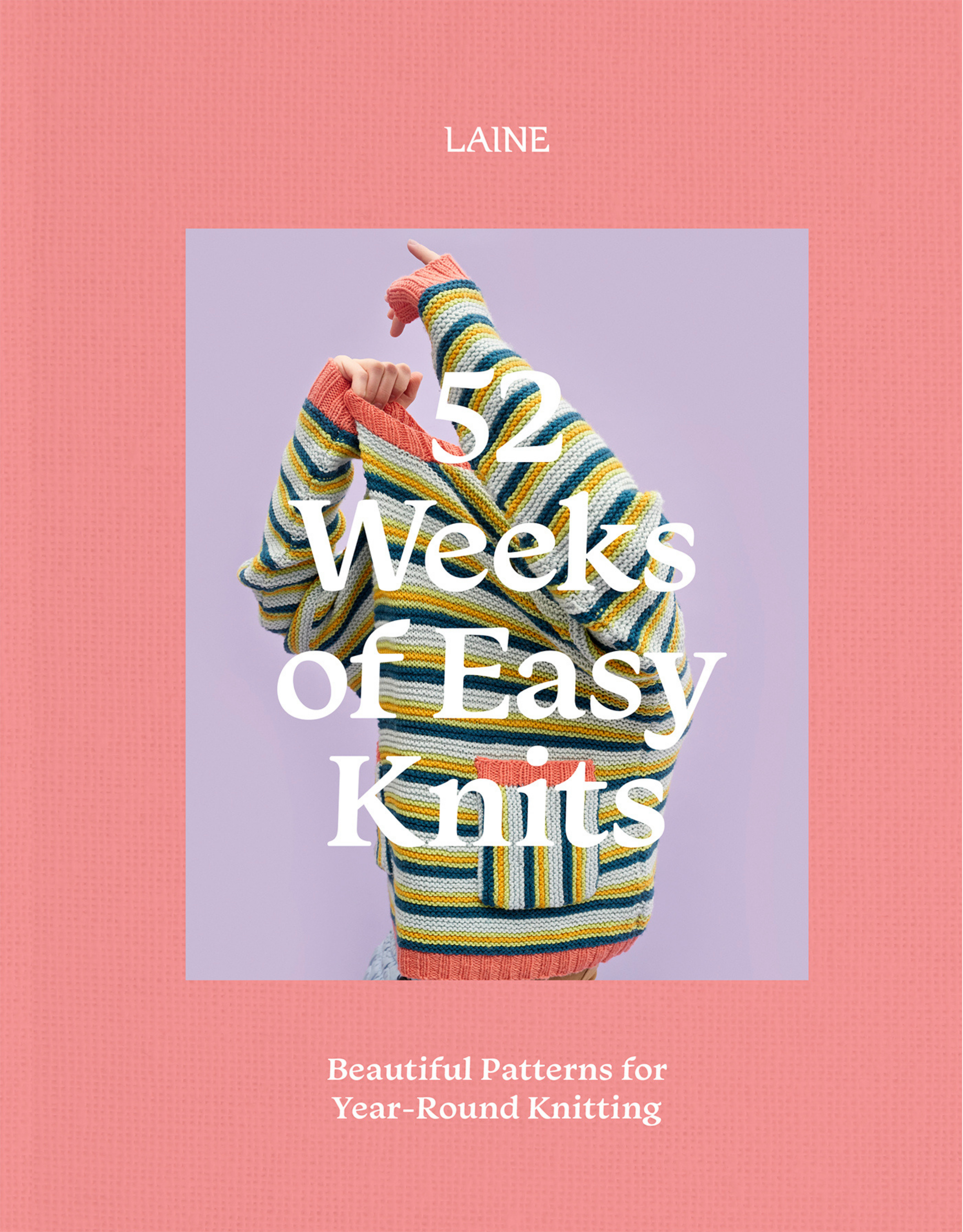 Book cover titled '52 Weeks of Easy Knits' with a person wearing a colorful striped sweater, against a purple background with a pink border.