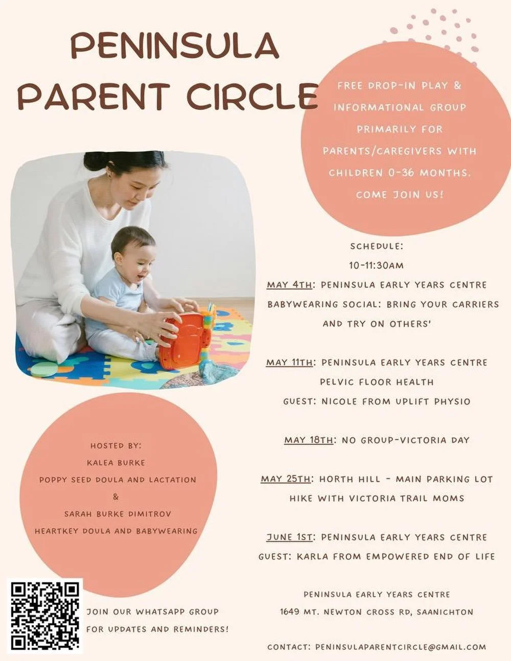 🗓️Peninsula Parent Circle May Schedule

This month we&rsquo;ve got:

☑️ May 4: Babywearing Social with Sarah @Heartkey.Babywearing

☑️ May 11: Pelvic Floor Health with Nicole @Uplift.Physio

☑️ May 25: Hike at Horth Hill with @VictoriaTrailMoms
 
☑️