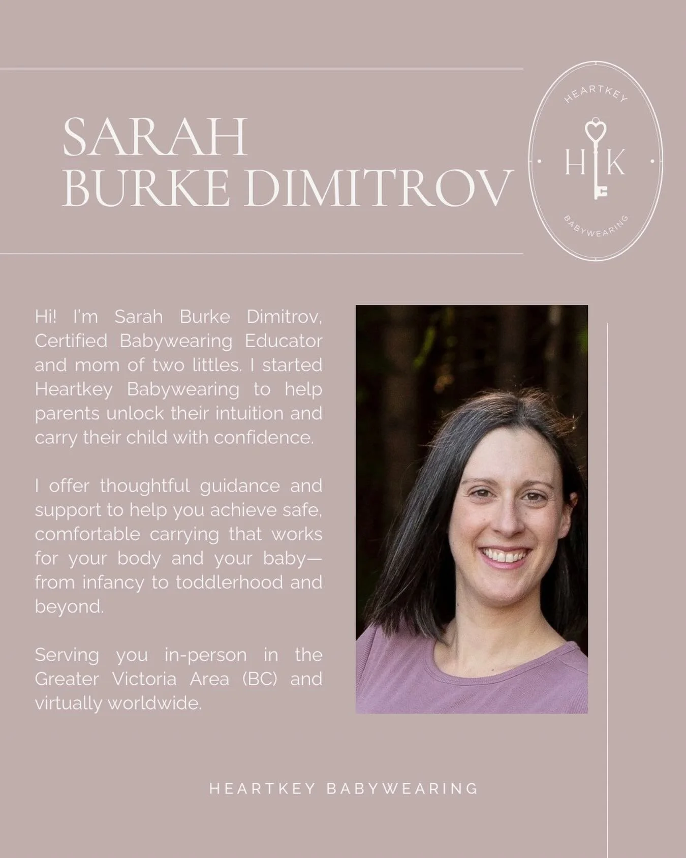 👋🏻 Hi! I&rsquo;m Sarah, a Certified Babywearing Educator and mom of two littles, living on unceded W̱S&Aacute;NEĆ territory (near what is known as Victoria, BC 🇨🇦).

I started @heartkey.babywearing to help you unlock your intuition and carry your