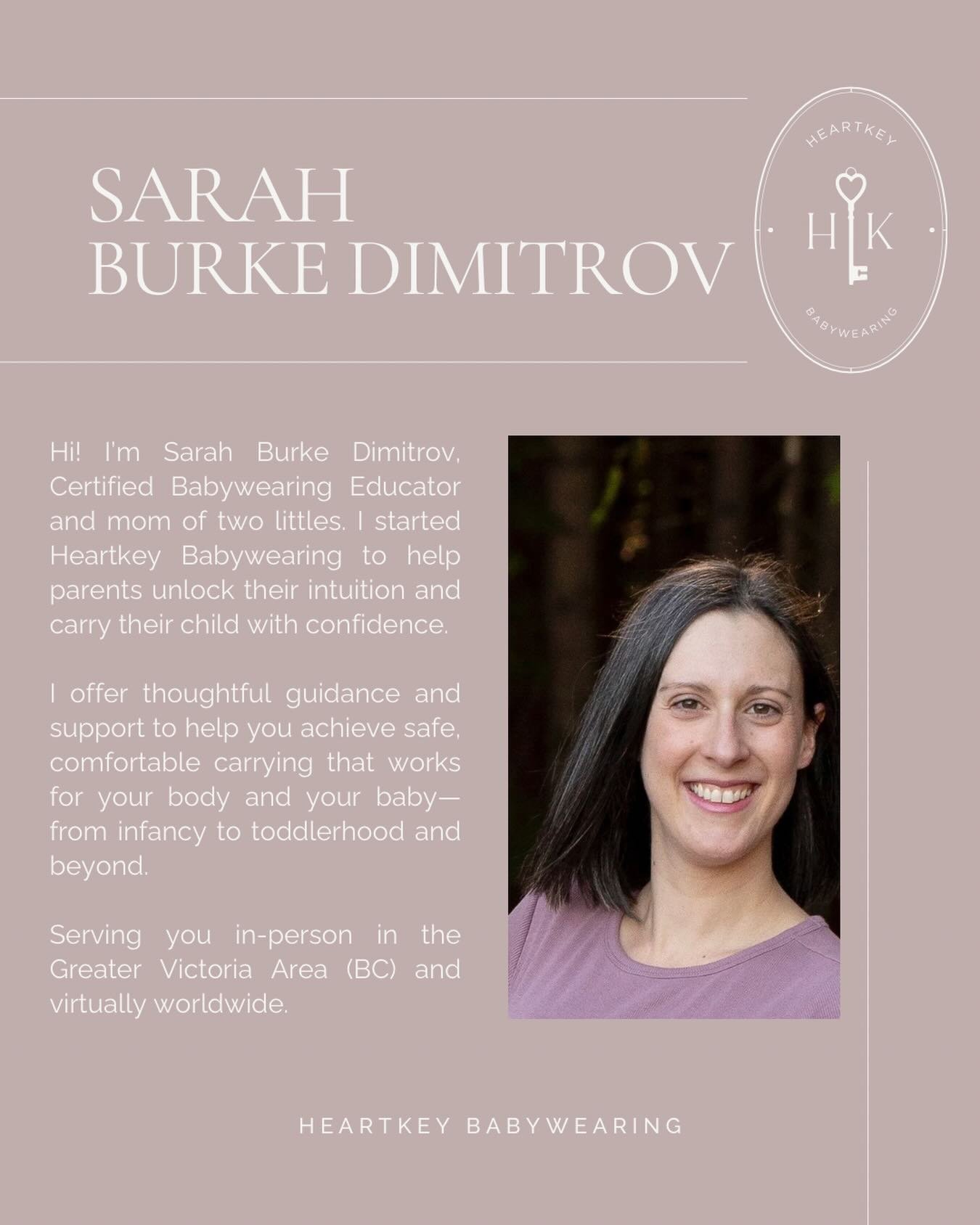 👋🏻 Hi! I&rsquo;m Sarah, a Certified Babywearing Educator and mom of two littles, living on unceded W̱S&Aacute;NEĆ territory (near what is known as Victoria, BC 🇨🇦).

I started @heartkey.babywearing to help you unlock your intuition and carry your