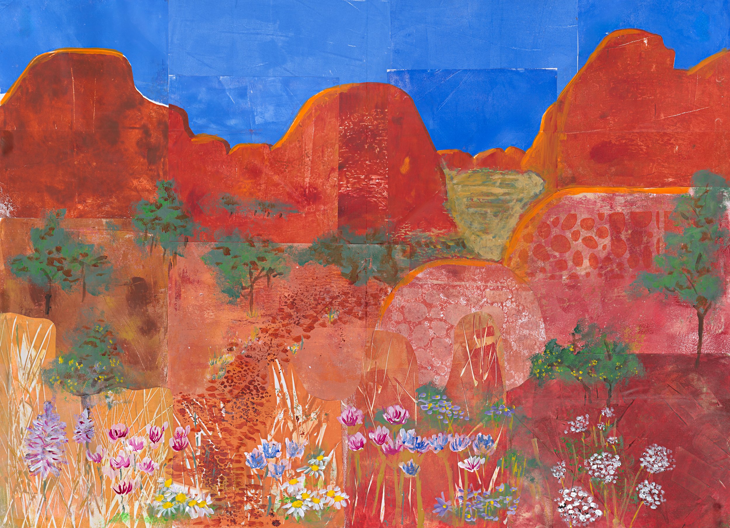 The interior of artist book, No Photography Allowed, shown open flat with the printed fragments and hand painted wildflowers visible.